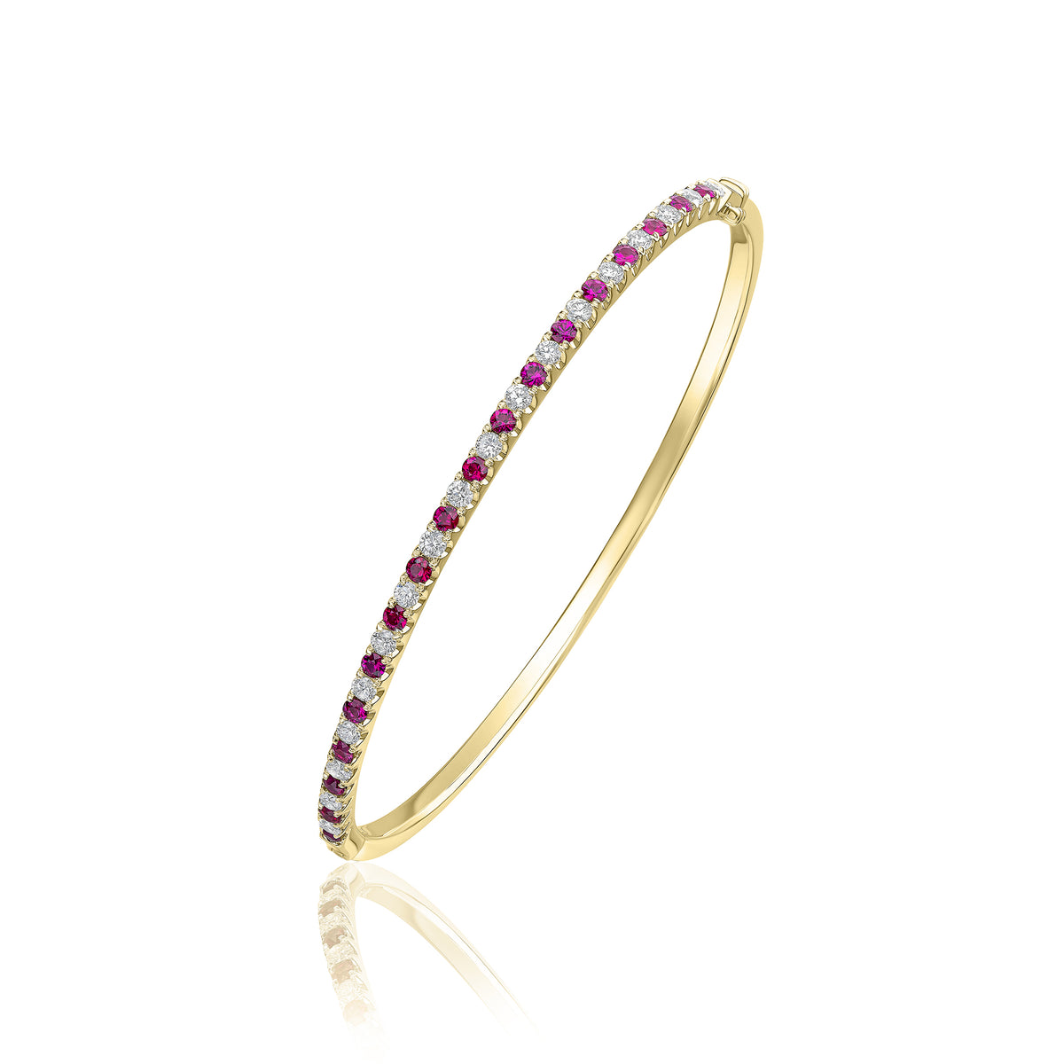 18CT YG ROUND RUBY & DIAMOND CLAW SET HINGED BANGLE