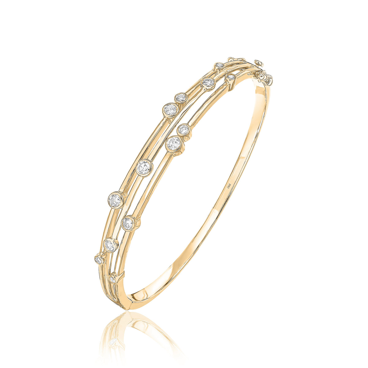 9CT YELLOW GOLD ROUND DIAMOND 3 ROW 'BUBBLE' HINGED BANGLE. 1CT TOTAL