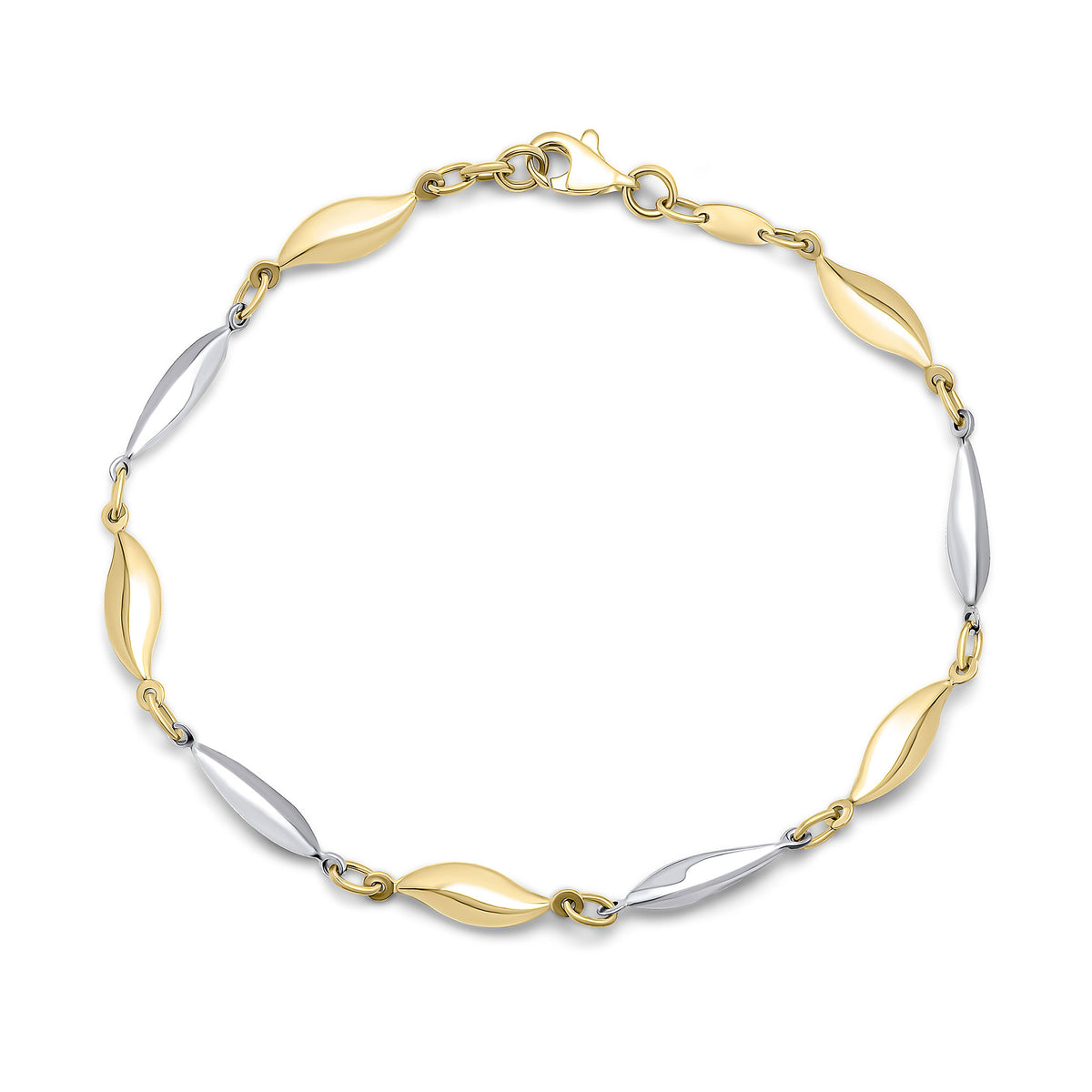 9CT YELLOW AND WHITE GOLD POLISHED WAVY MARQUISE SHAPED LINKS BRACELET