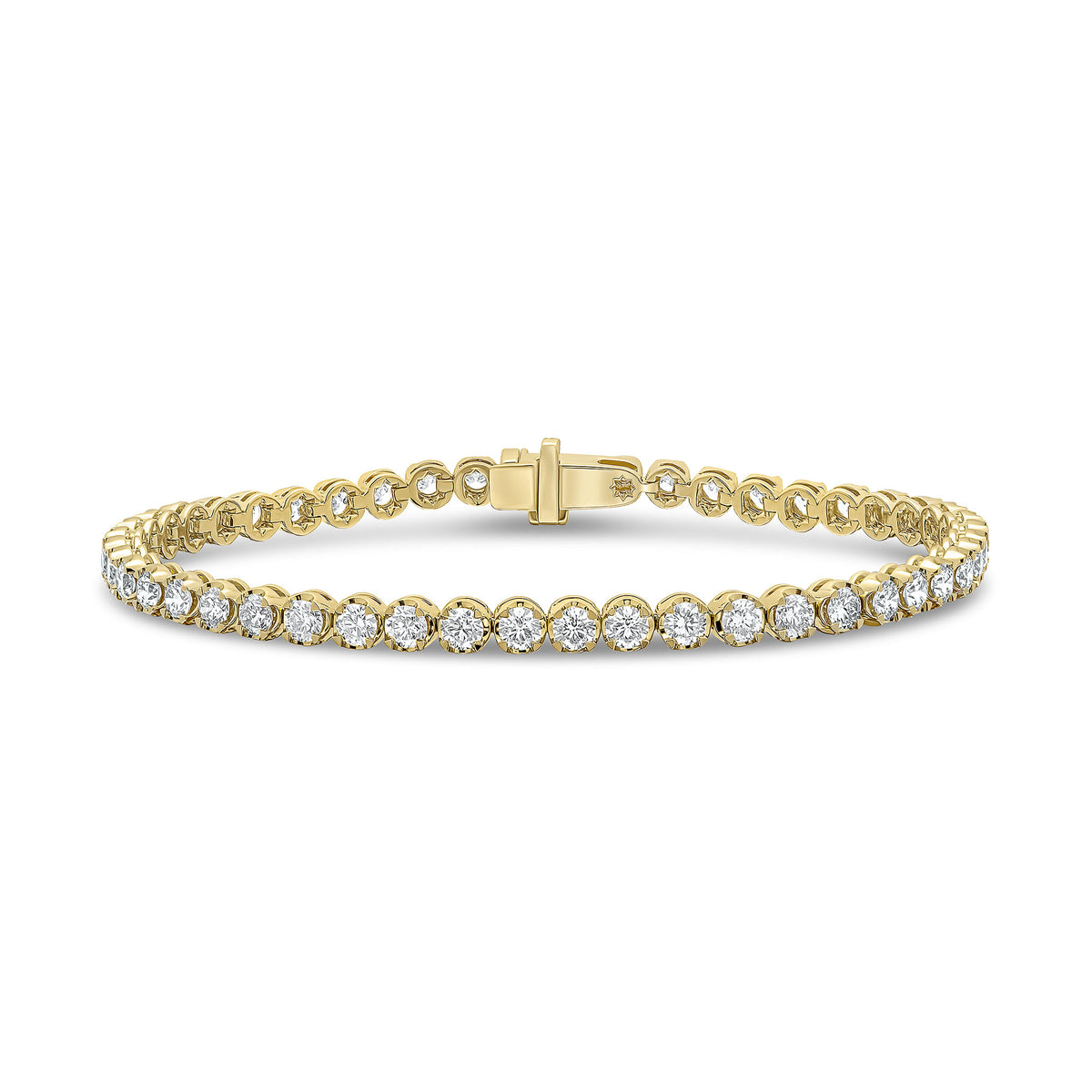 18CT YG BRILLIANT CUT DIAMOND CLAW SET LINE BRACELET. 5CT