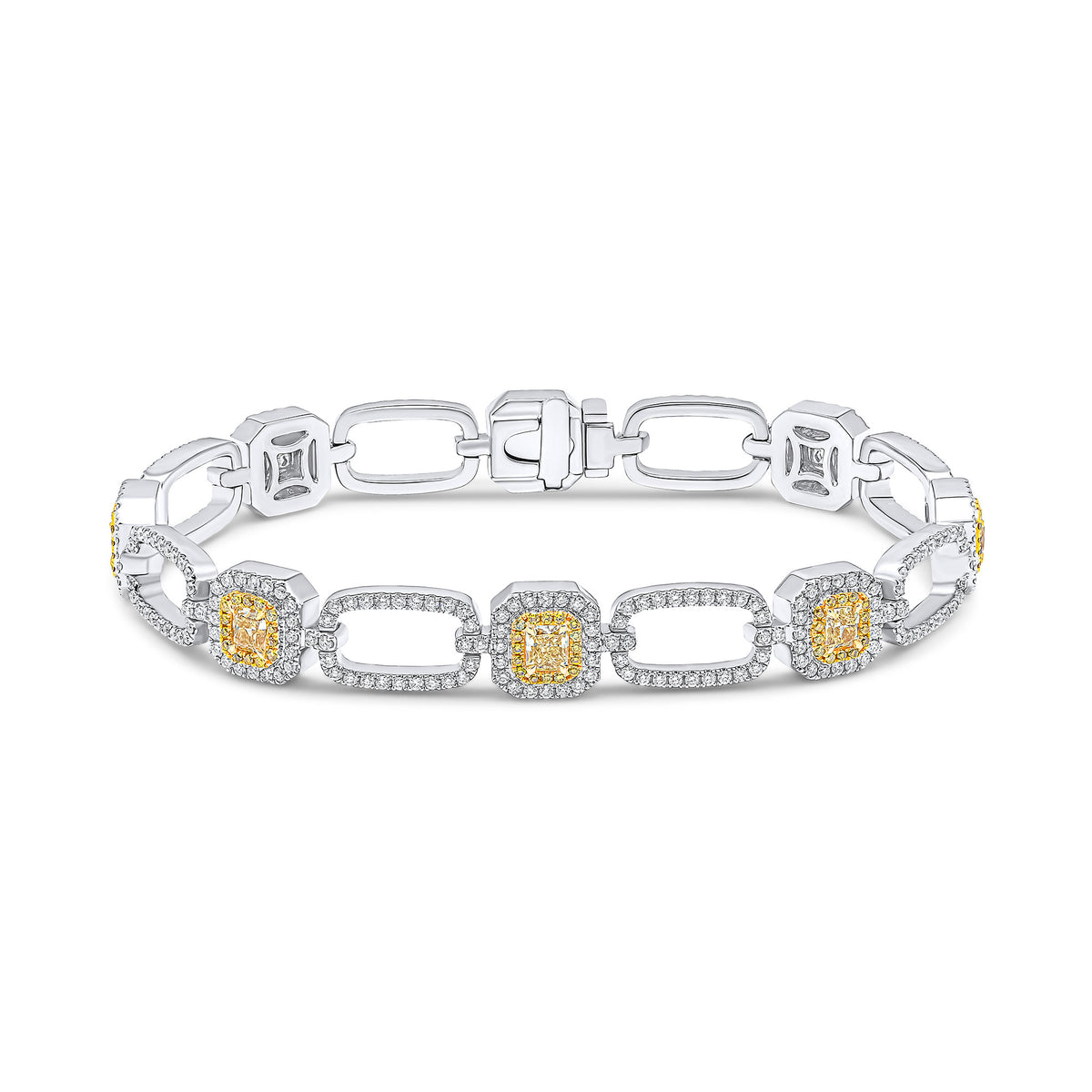 18CT YELLOW AND WHITE GOLD RADIANT AND ROUND YELLOW DIAMOND AND ROUND DIAMOND CLUSTERS AND OPEN OBLONG LINK BRACELET. ALL CLAW SET