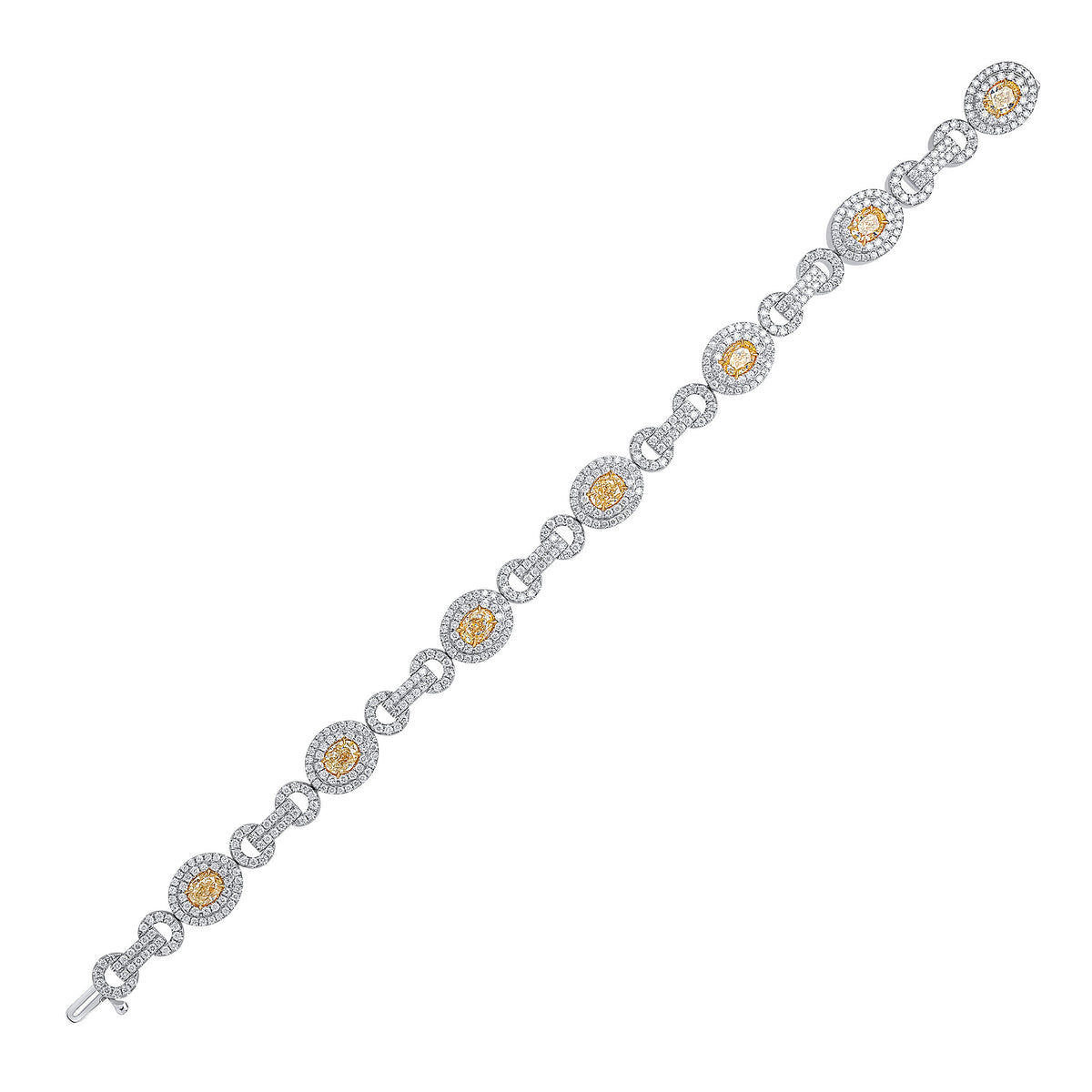 18CT WHITE GOLD OVAL YELLOW DIAMOND AND ROUND DIAMOND CLUSTERS WITH DIAMOND CIRCLE AND BAR MOTIFS BRACELET