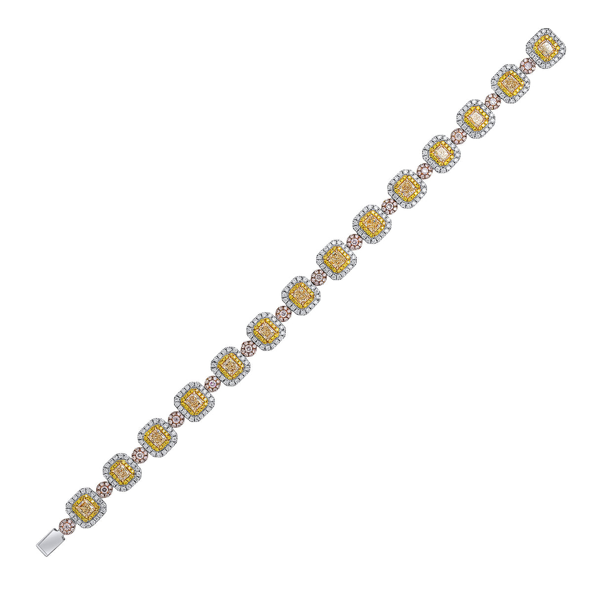 18CT WG RADIANT CUT, ROUND YELLOW DIAMOND AND DIAMOND CLUSTERS WITH ROUND PINK DIAMOND CLUSTERS CLAW SET BRACELET