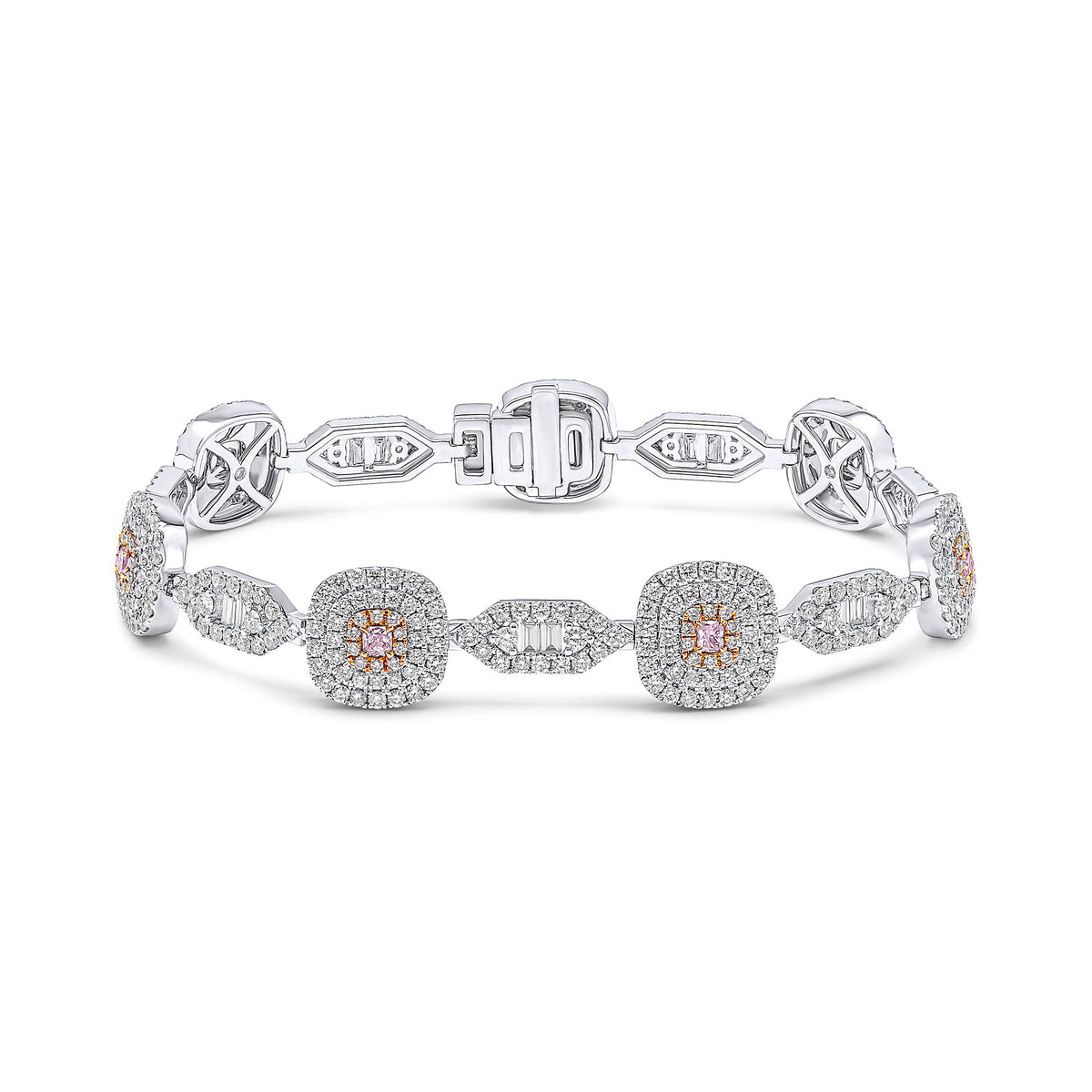 18CT WHITE GOLD CUSHION AND ROUND PINK DIAMOND AND DIAMOND CLUSTERS WITH BAGUETTE AND ROUND DIAMOND LOZENGE SHAPE CLUSTERS BRACELET