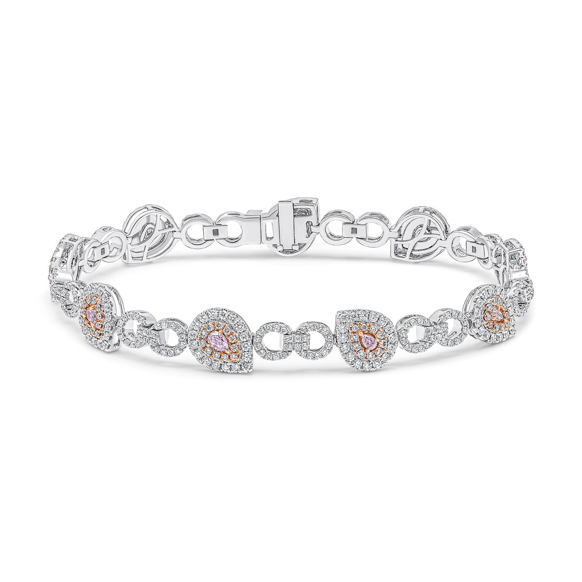 18CT WHITE GOLD PEARSHAPE AND ROUND PINK DIAMOND AND DIAMOND CLUSTERS WITH DIAMOND CIRCLES AND BARS MOTIF BRACELET