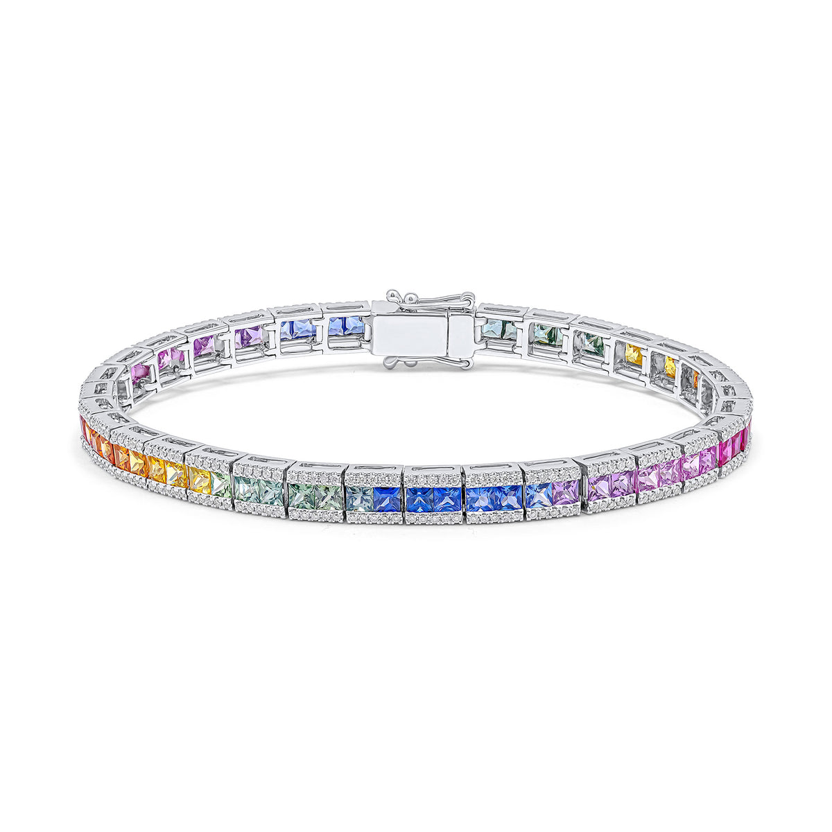 18CT WHITE GOLD SQUARE MULTI-SAPPHIRE AND ROUND DIAMOND 3 ROW BRACELET