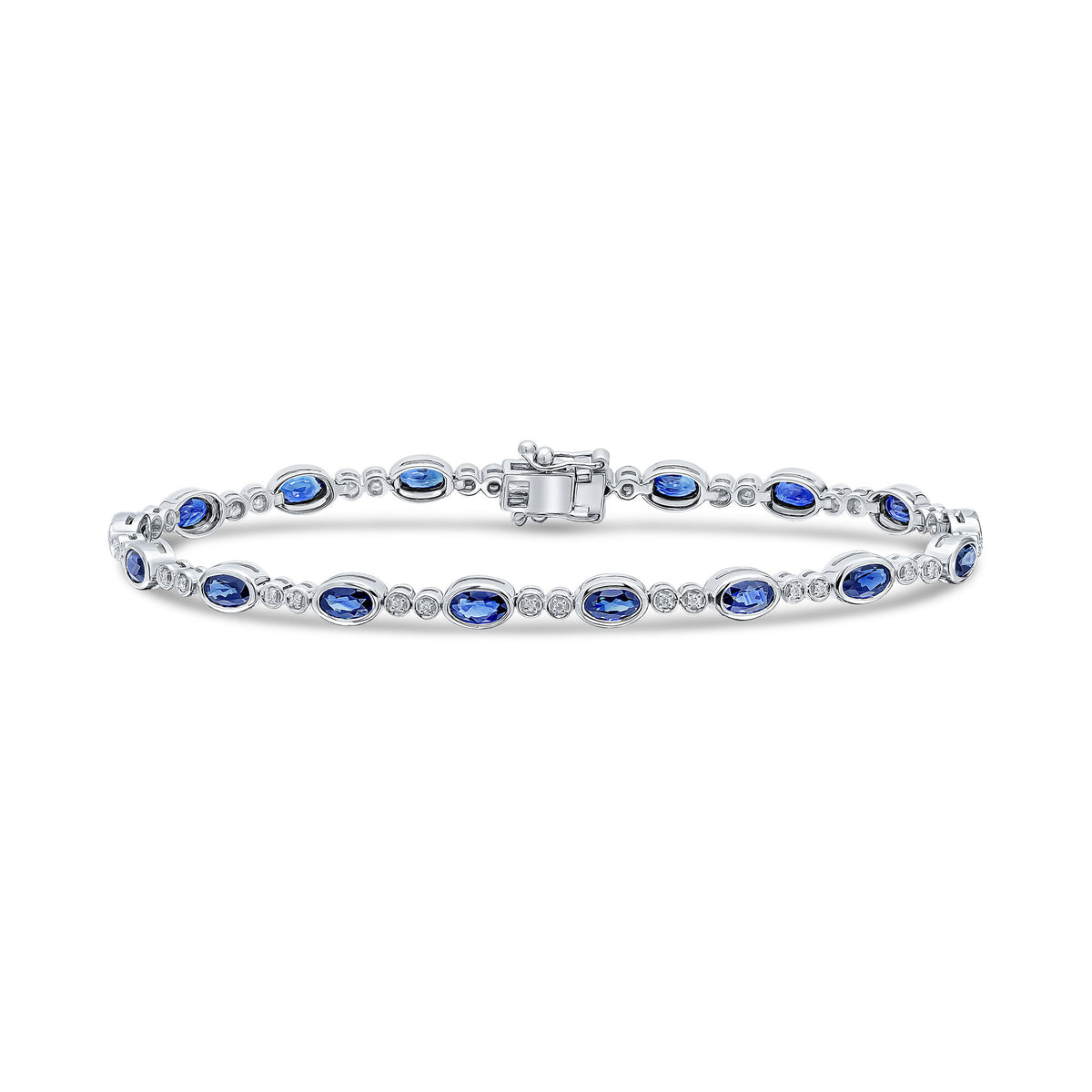 18CT WG OVAL SAPPHIRE & ROUND DIAMOND RUBOVER LINE BRACELET.