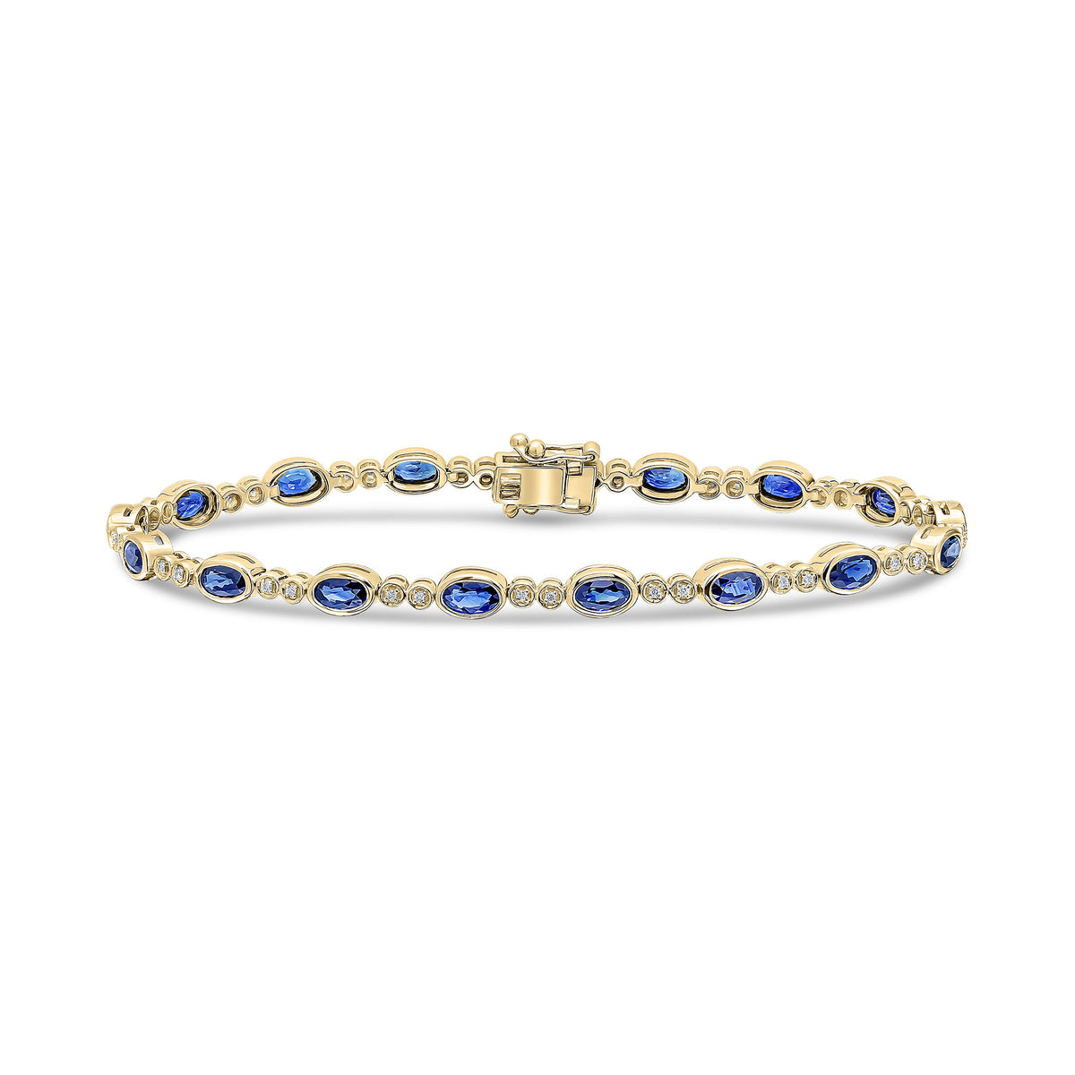 18CT YG OVAL SAPPHIRE & ROUND DIAMOND RUBOVER LINE BRACELET. RHODIUM TO DIAMONDS