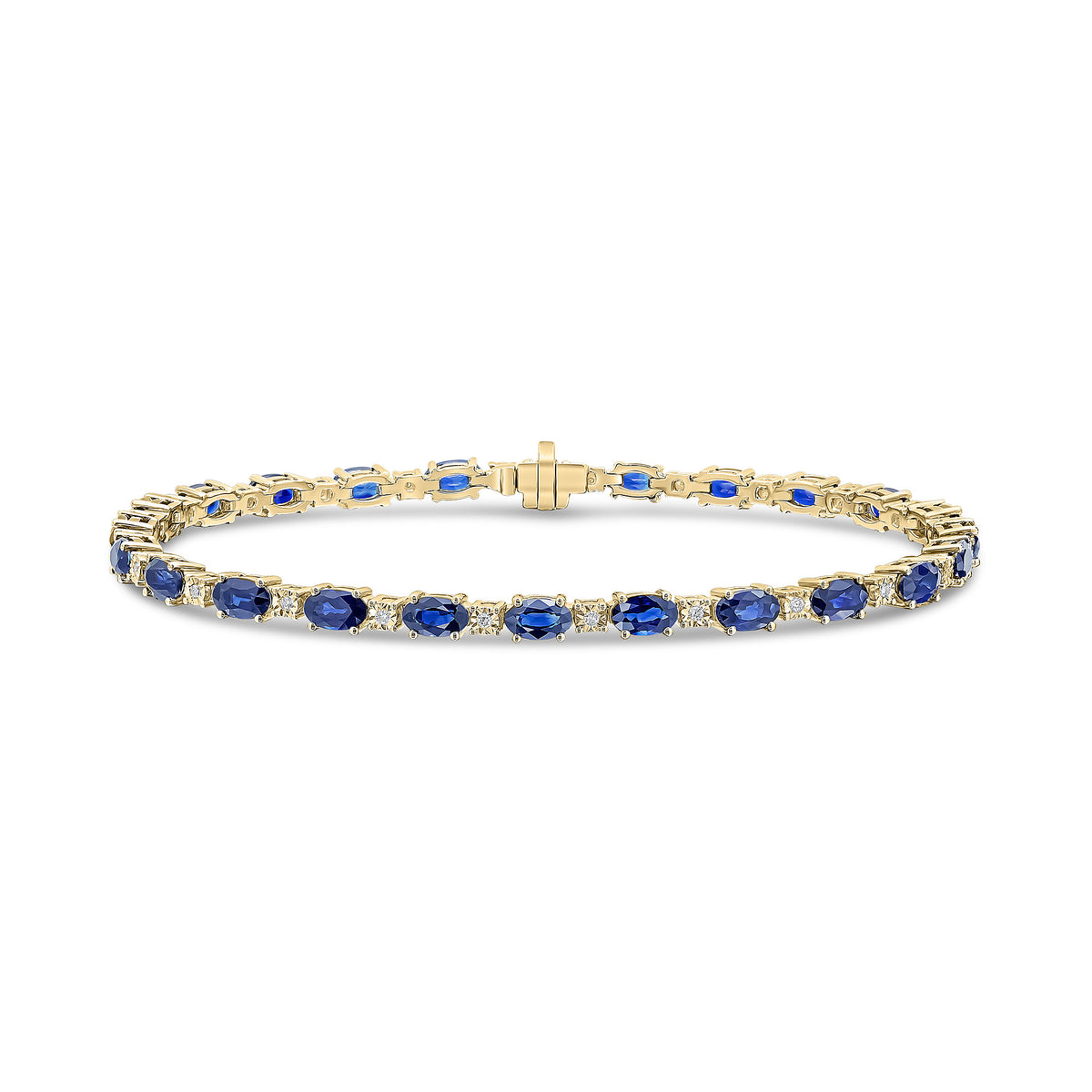 18CT YG CLAW SET OVAL SAPPHIRE & ILLUSION SET DIAMOND LINE BRACELET