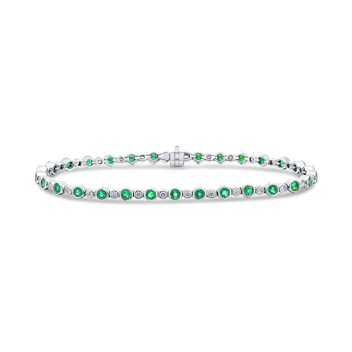 18CT WG ROUND EMERALD & DIAMOND RUBOVER LINE BRACELET