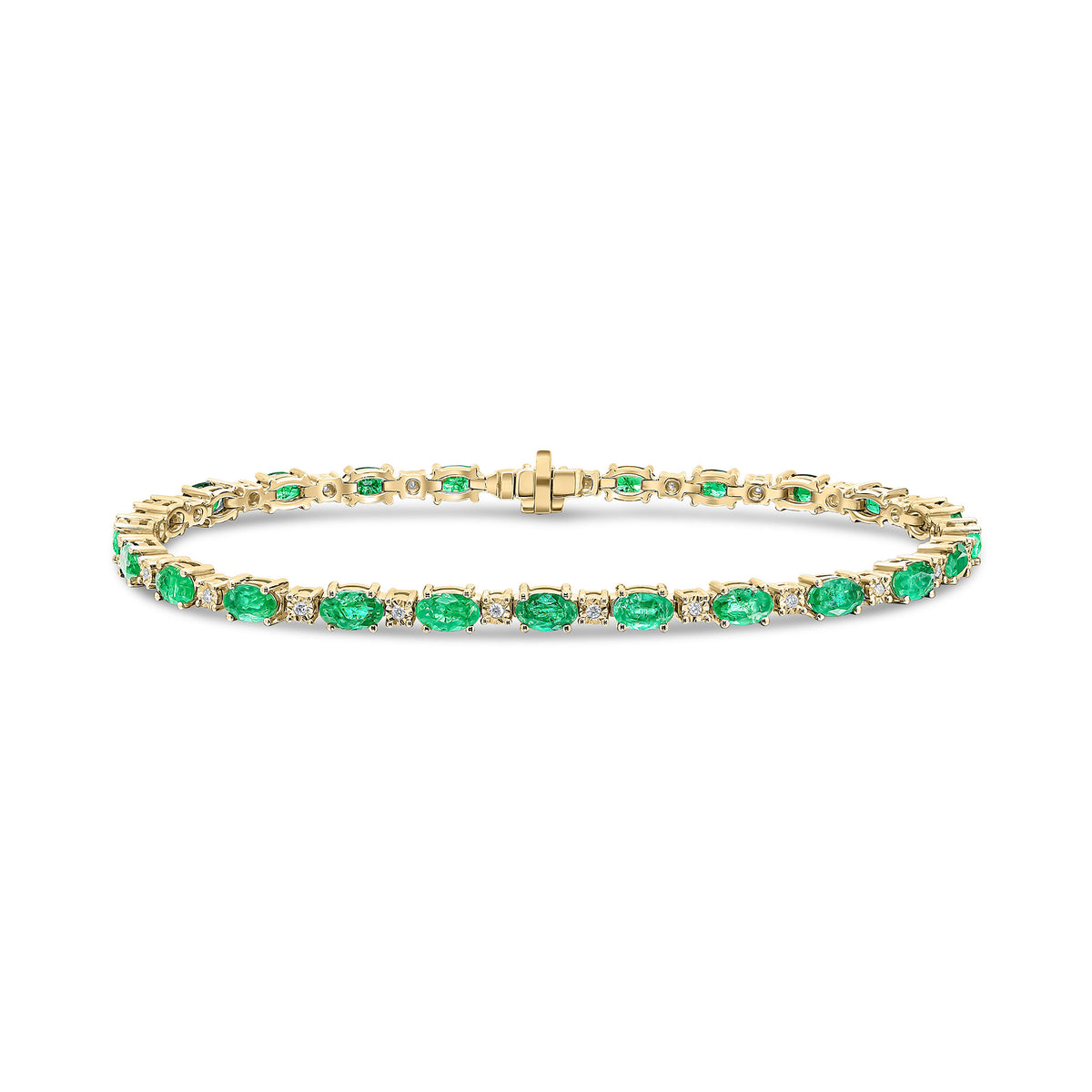 18CT YG CLAW SET OVAL EMERALD AND WG ILLUSION SET DIAMOND LINE BRACELET