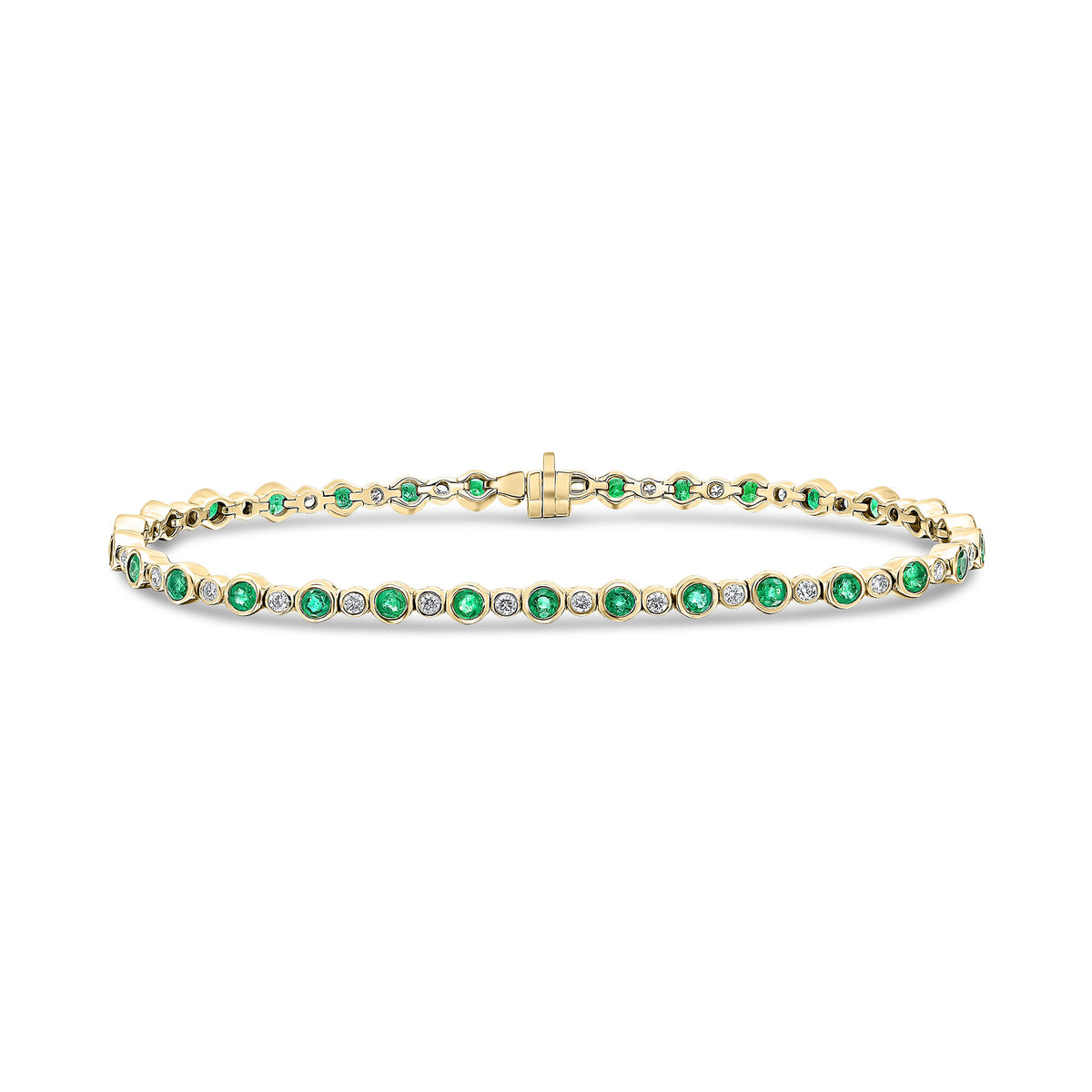 18CT YG ROUND EMERALD AND DIAMOND RUBOVER LINE BRACELET