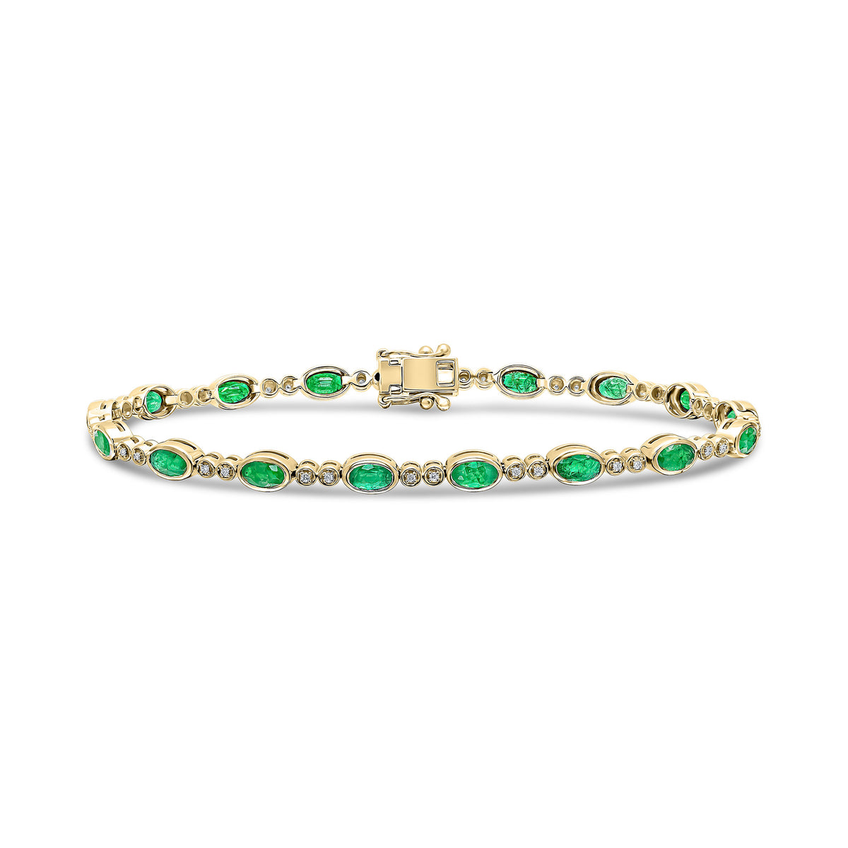 18CT YG OVAL EMERALD AND 2ST ROUND DIAMOND RUBOVER LINE BRACELET. RHODIUM TO DIAMONDS