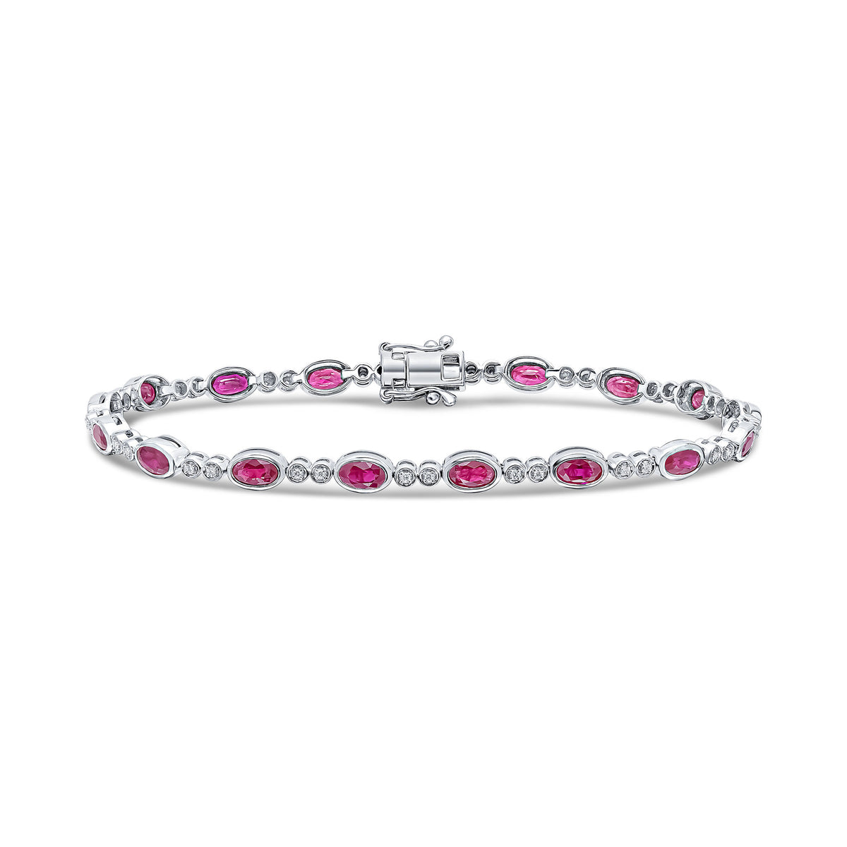 18CT WG OVAL RUBY & 2ST ROUND DIAMOND RUBOVER LINE BRACELET