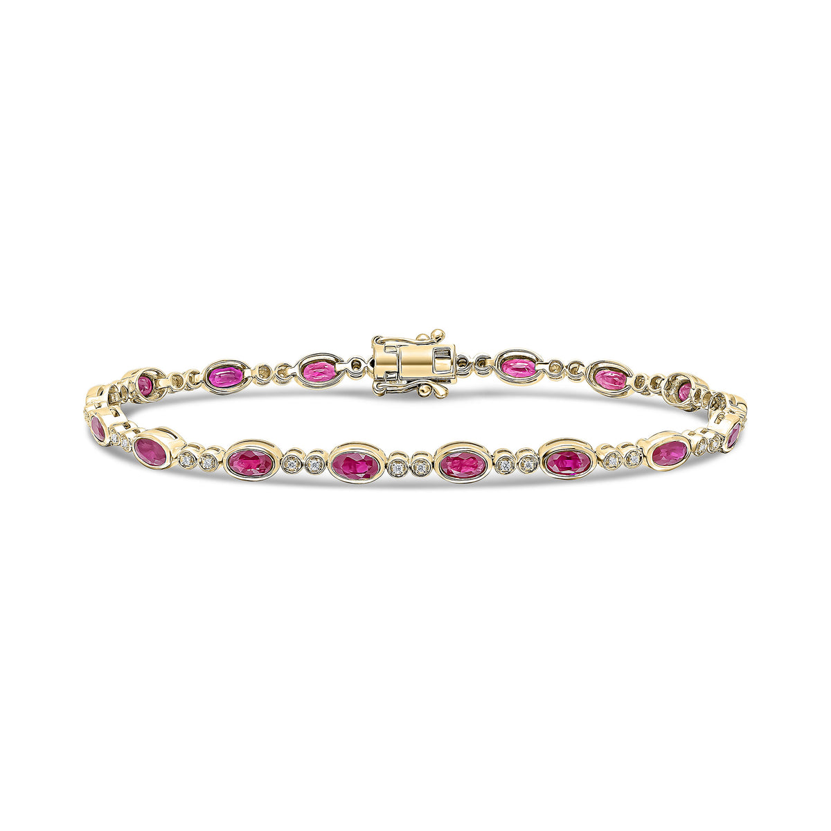 18CT YWG OVAL RUBY & 2ST ROUND DIAMOND RUBOVER LINE BRACELET