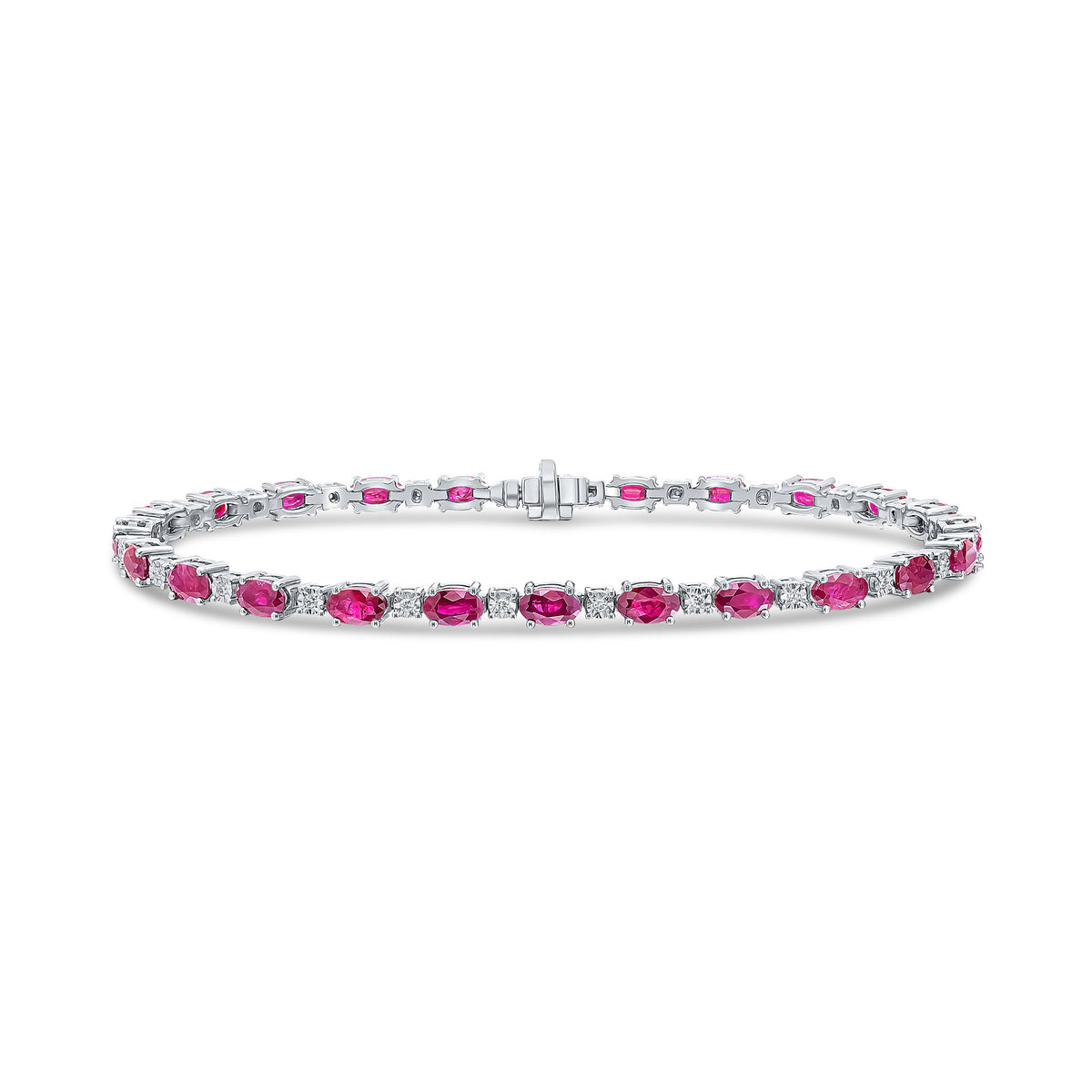 18CT WG CLAW SET OVAL RUBY AND WG ILLUSION SET DIAMOND LINE BRACELET