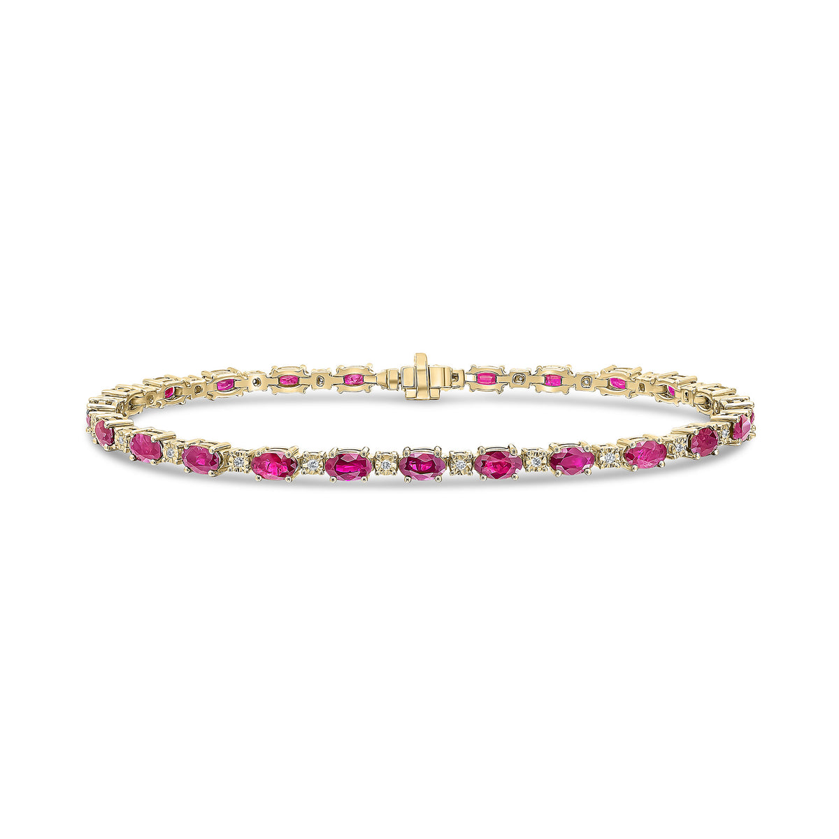 18CT YG CLAW SET OVAL RUBY AND WG ILLUSION SET DIAMOND LINE BRACELET