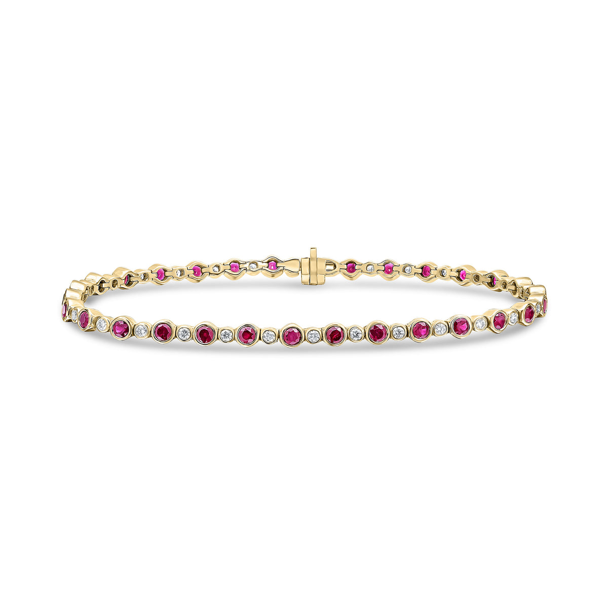 18CT YG ROUND RUBY AND DIAMOND RUBOVER LINE BRACELET