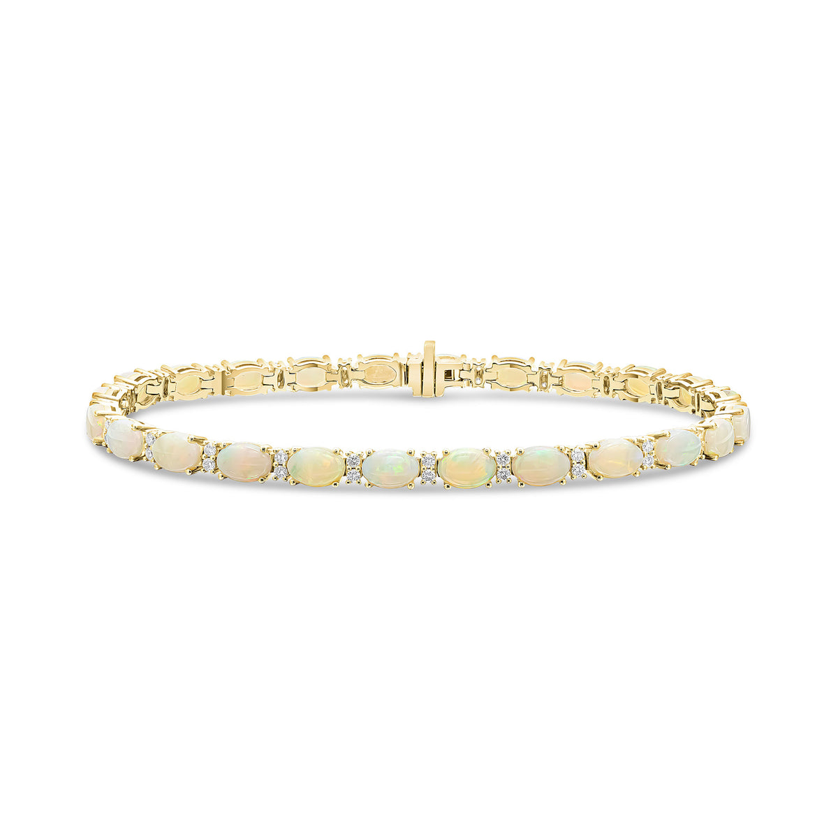 18CT YG OVAL OPAL & ROUND DIAMOND 2ST CLAW SET LINE BRACELET