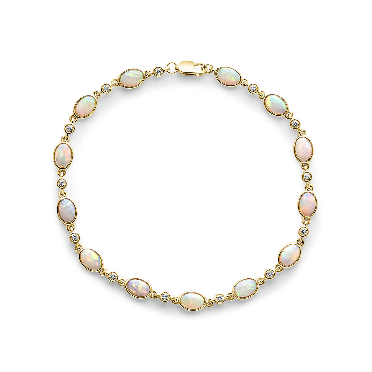 18CT YG OVAL OPAL AND ROUND DIAMOND RUBOVER BRACELET