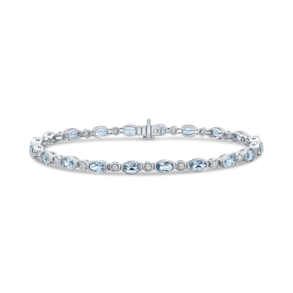 18CT WG OVAL AQUA & ROUND DIAMOND RUBOVER SET LINE BRACELET