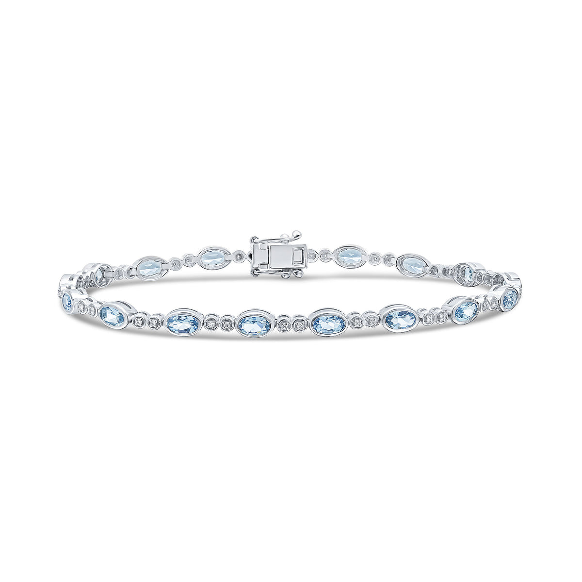 18CT WG OVAL AQUA AND 2ST ROUND DIAMOND RUBOVER LINE BRACELET