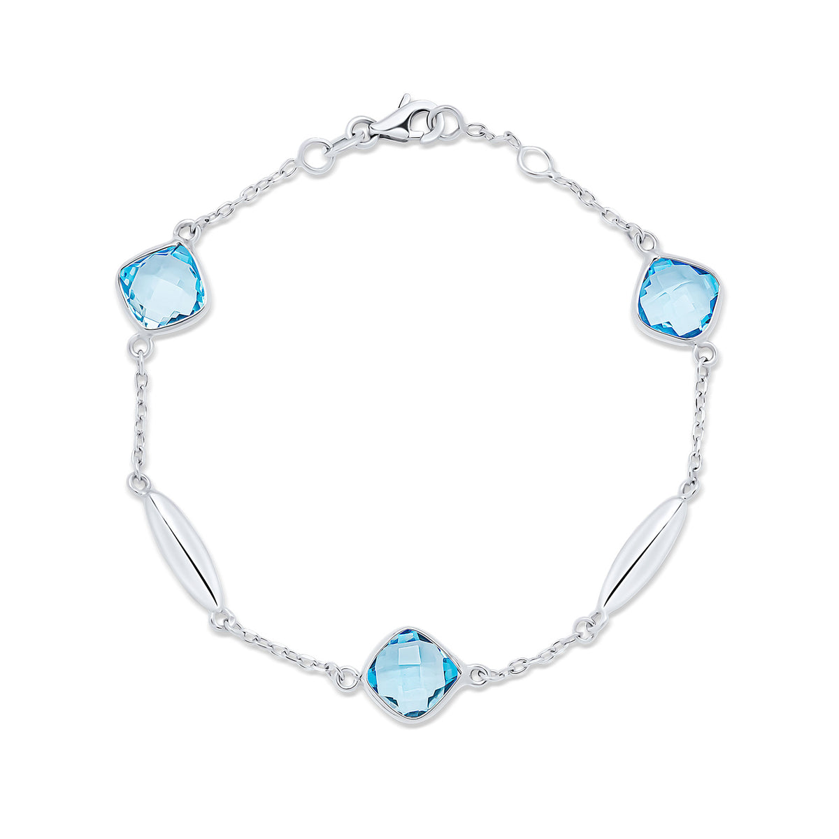 9CT WG CHECKERBOARD CUSHION BLUE TOPAZ, POLISHED TORPEDO MOTIF AND CHAIN BRACELET