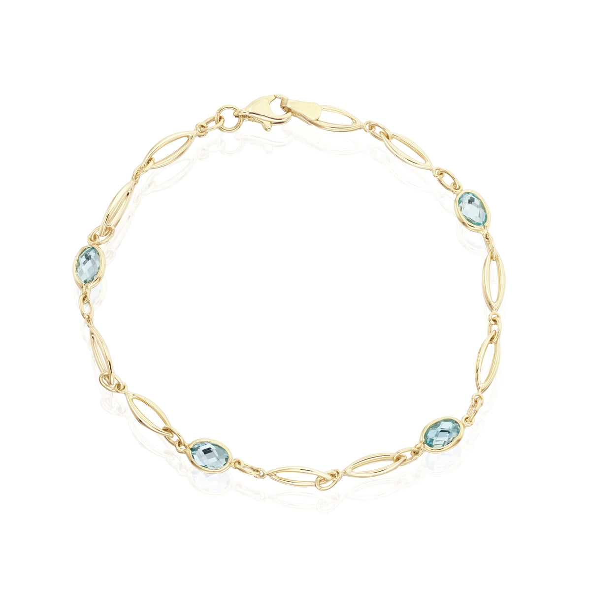 9CT YELLOW GOLD OVAL SWISS BLUE TOPAZ & GOLD MARQUISE-SHAPED MOTIFS BRACELET