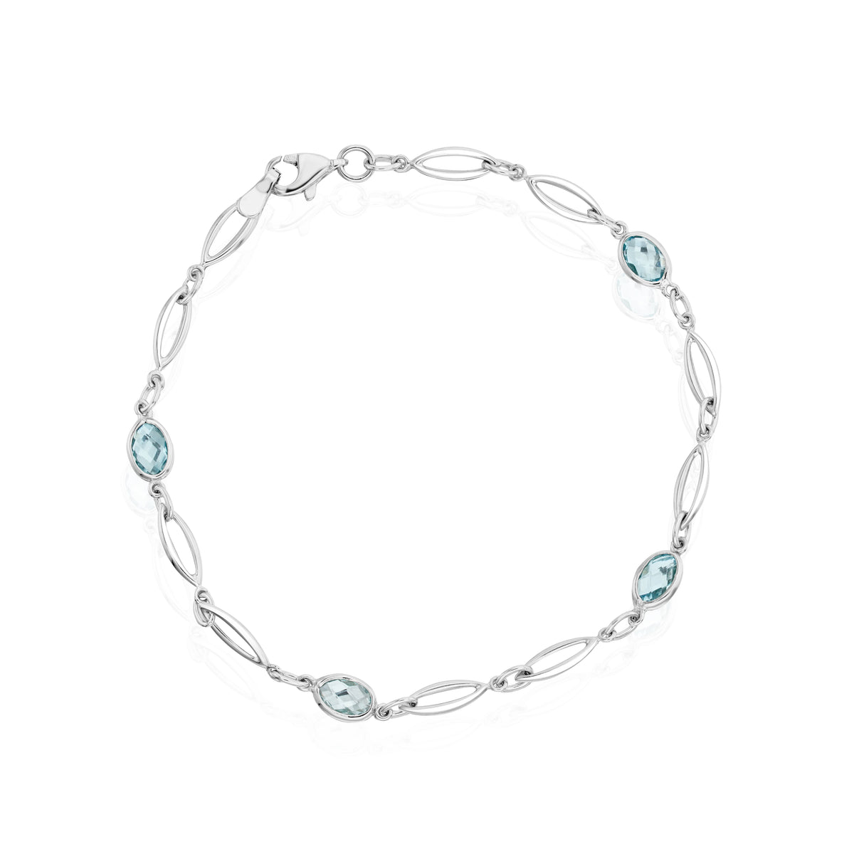 9CT WHITE GOLD SPEC SET OVAL BLUE TOPAZ & GOLD OPEN MARQUISE MOTIFS BRACELET