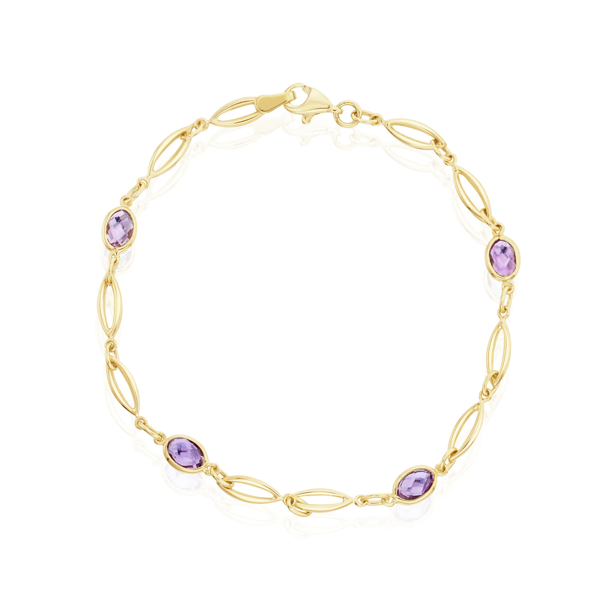 9CT YELLOW GOLD SPEC SET OVAL AMETHYST AND OPEN MARQUISE MOTIF BRACELET