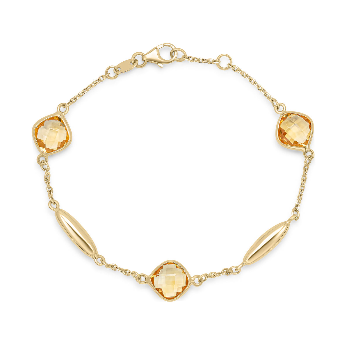 9CT YG CHECKERBOARD CUSHION CITRINE, POLISHED TORPEDO MOTIF AND CHAIN BRACELET