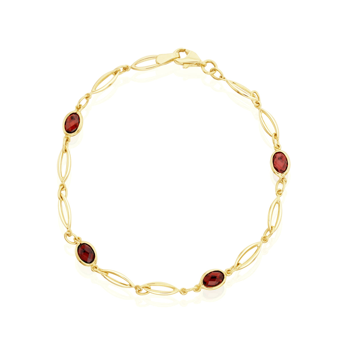 9CT YELLOW GOLD SPEC SET OVAL GARNET & GOLD OPEN MARQUISE MOTIFS BRACELET