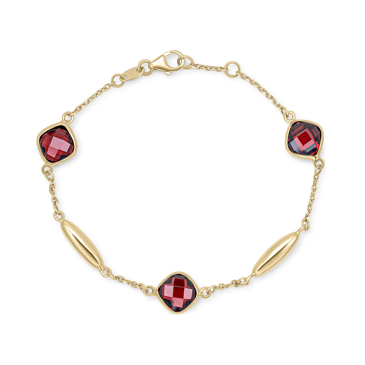 9CT YG CHECKERBOARD CUSHION GARNET, POLISHED TORPEDO MOTIF AND CHAIN BRACELET