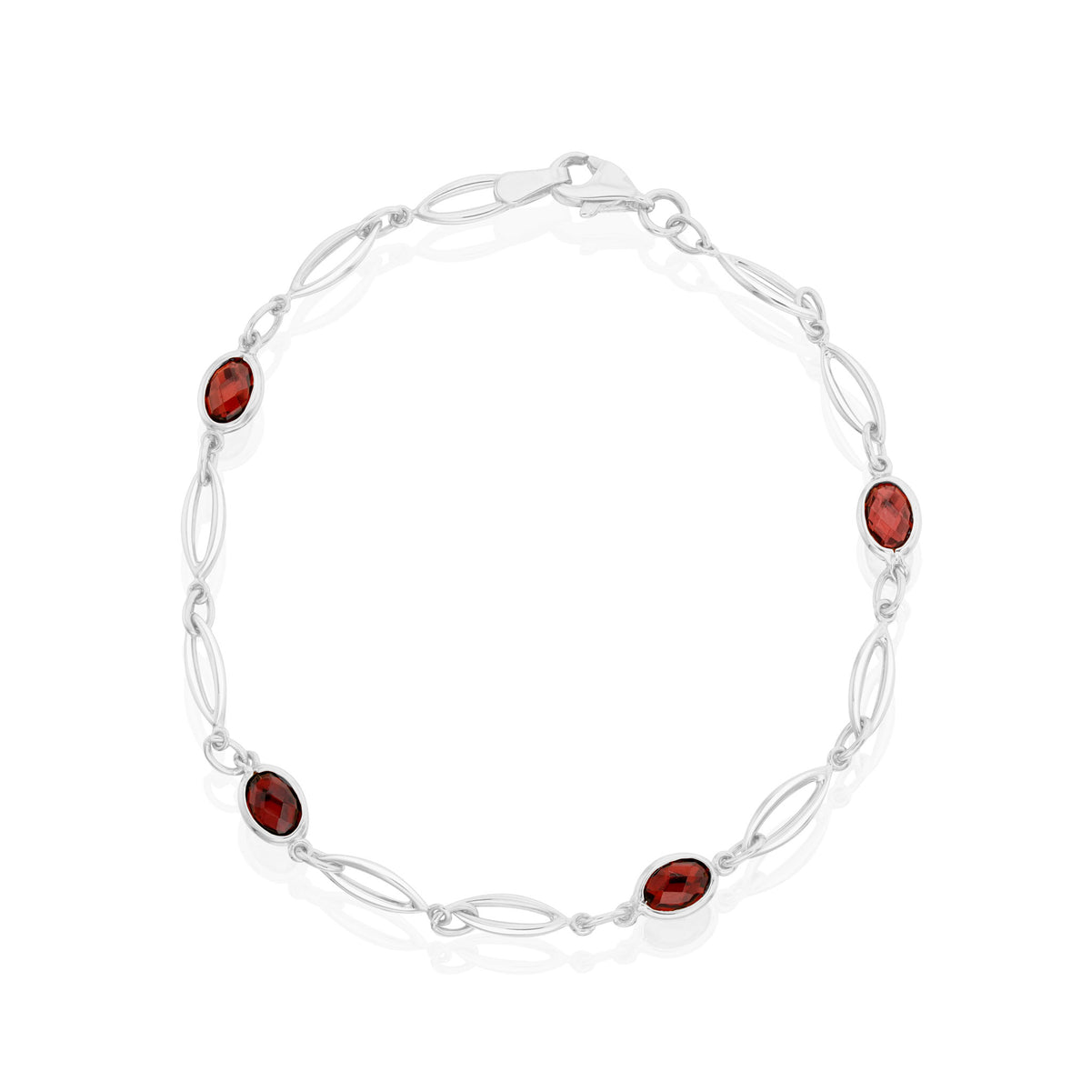 9CT WG CHECKERBOARD CUSHION GARNET, POLISHED TORPEDO MOTIF AND CHAIN BRACELET