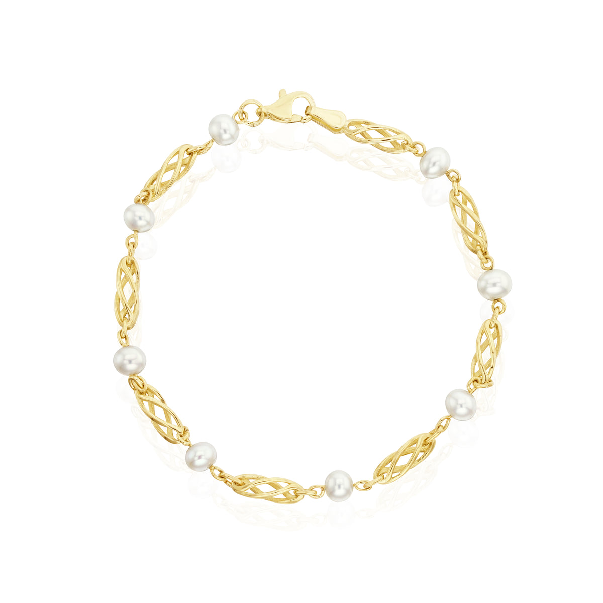 9CT YG CULTURED FRESHWATER PEARL AND OPEN TWIST MOTIF BRACELET