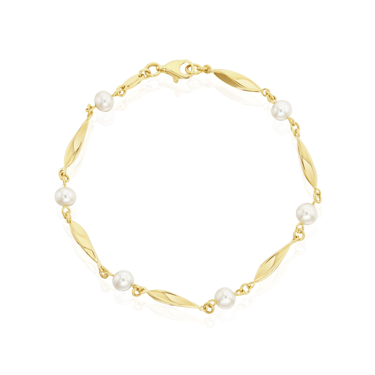 9CT YELLOW GOLD POLISHED TWIST BAR AND CULTURED FRESHWATER PEARL BRACELET