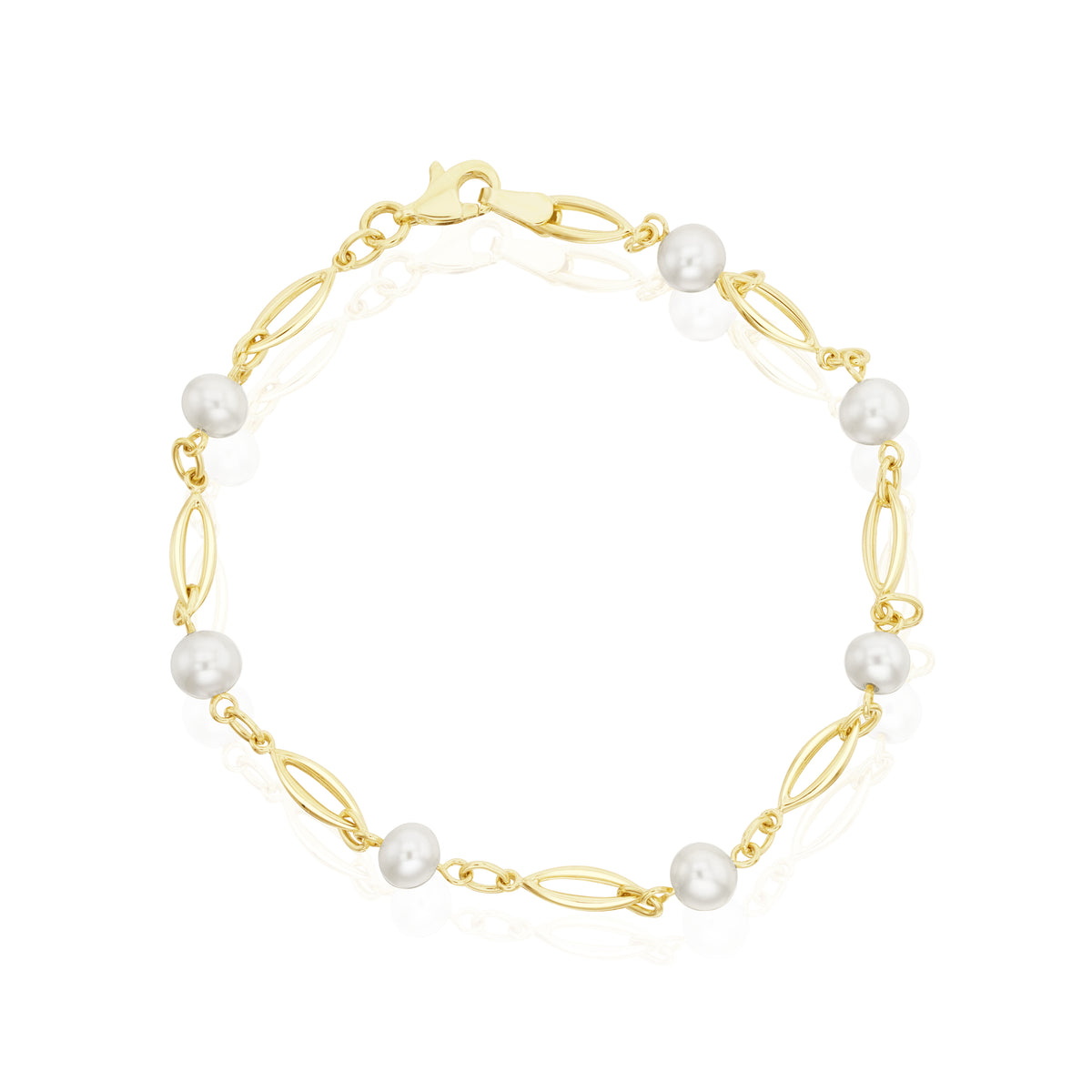 9CT YELLOW GOLD OPEN MARQUISE-SHAPE LINK AND CULTURED FRESHWATER PEARL BRACELET