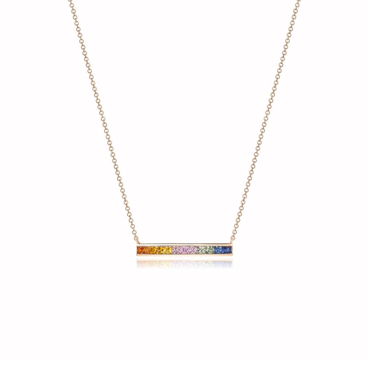 9CT RG SQUARE MULTI-SAPPHIRE CHANNEL SET BAR ON CHAIN NECKLACE