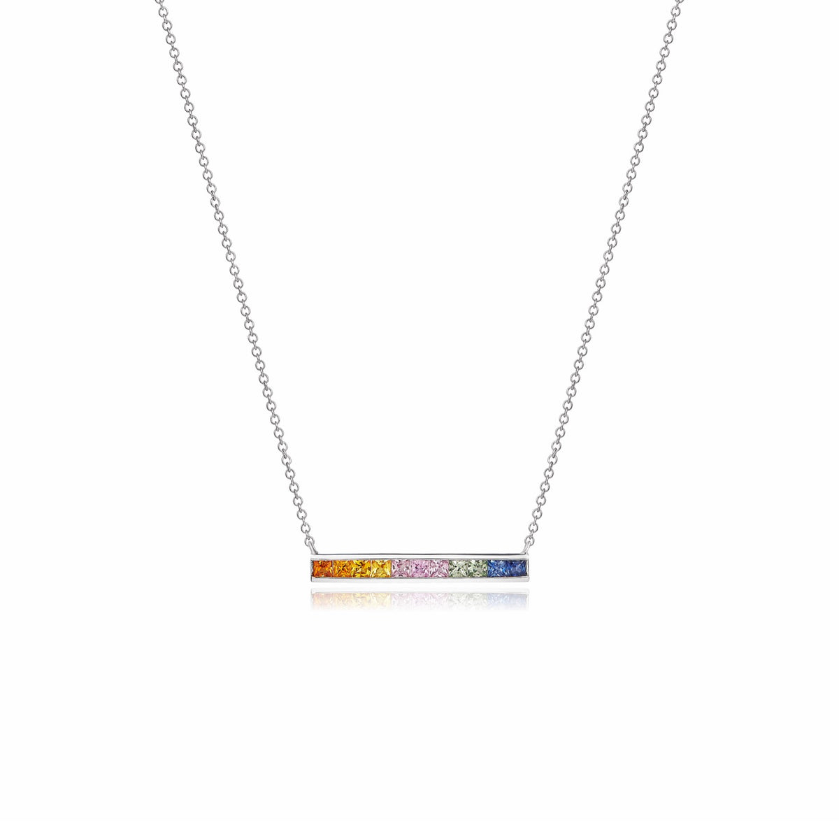9CT WG SQUARE MULTI-SAPPHIRE CHANNEL SET BAR ON CHAIN NECKLACE