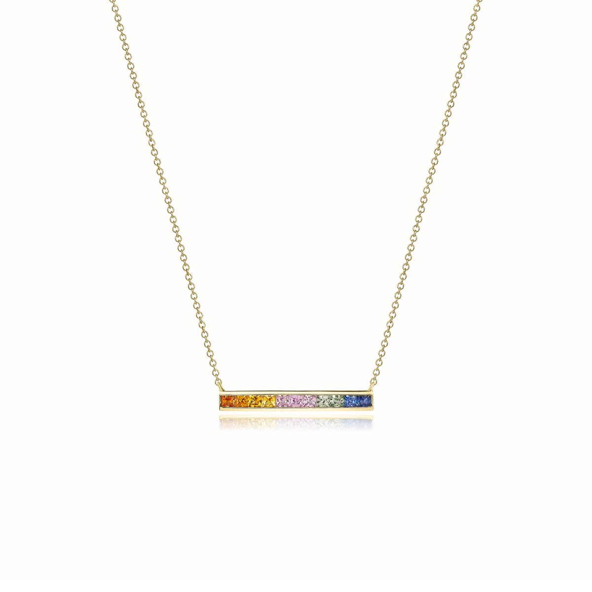 9CT YG SQUARE MULTI-SAPPHIRE CHANNEL SET BAR ON CHAIN NECKLACE
