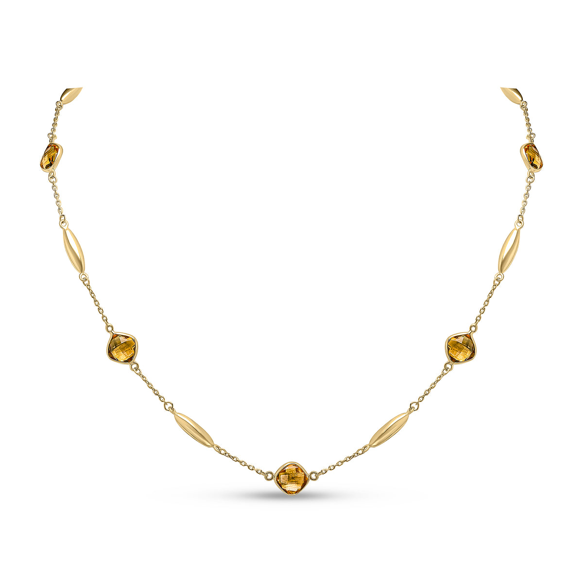 9CT YG CHECKERBOARD CUSHION CITRINE, POLISHED TORPEDO MOTIF AND CHAIN NECKLACE