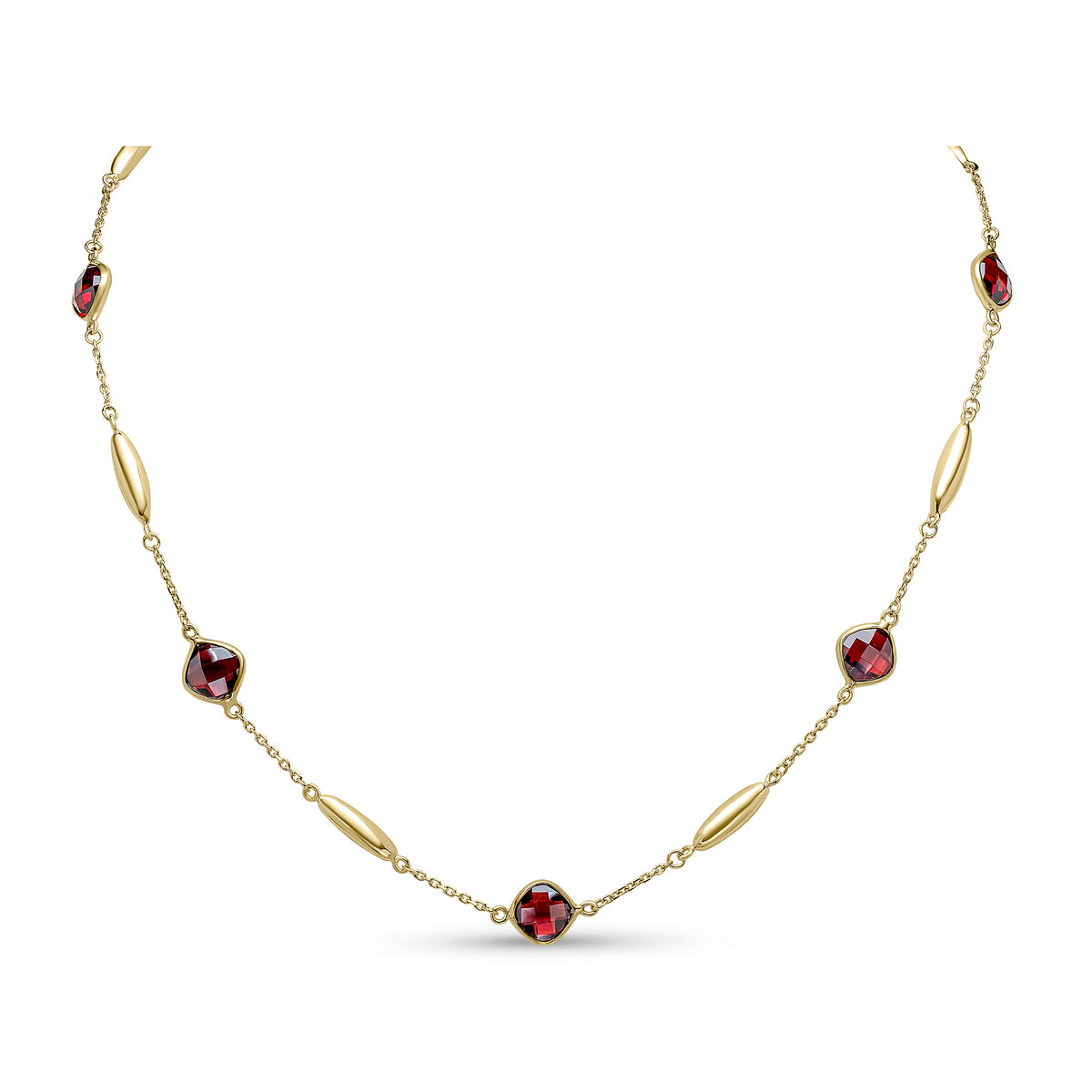 9CT YG CHECKERBOARD CUSHION GARNET, POLISHED TORPEDO MOTIF AND CHAIN NECKLACE