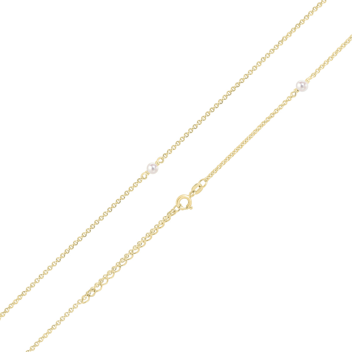 9CT YELLOW GOLD ROLO CHAIN NECKLACE WITH 5 X 4MM CULTURED FRESHWATER PEARLS. 17.5 INCHES WITH EXTENDER