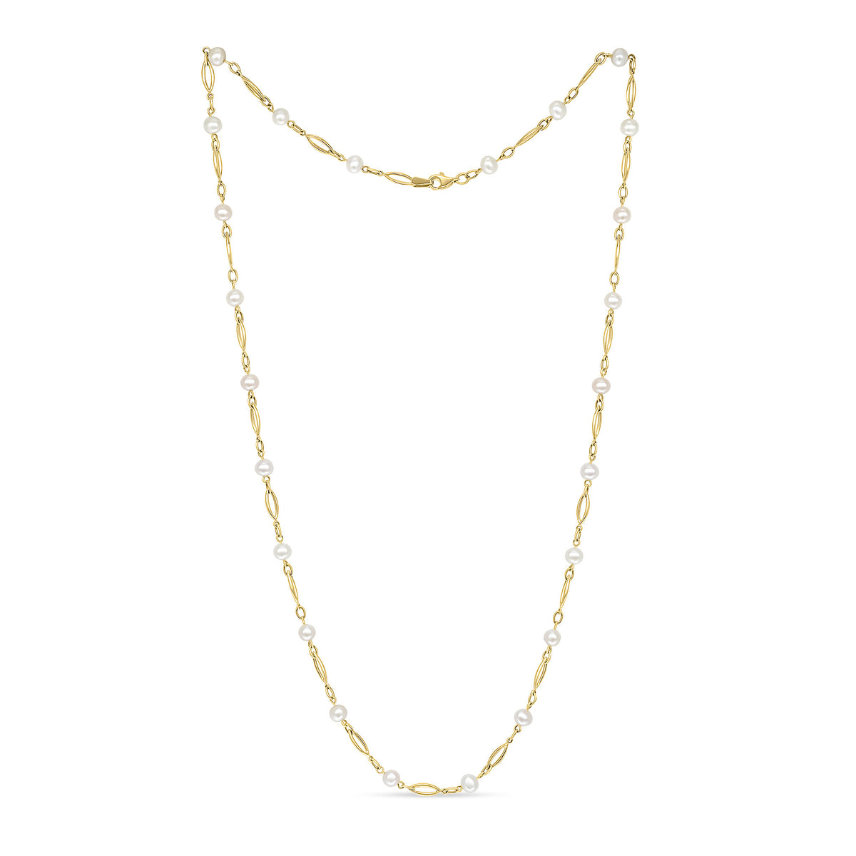 9CT YG 24" OPEN MARQUISE-SHAPE LINK AND CULTURED FRESHWATER PEARL NECKLACE