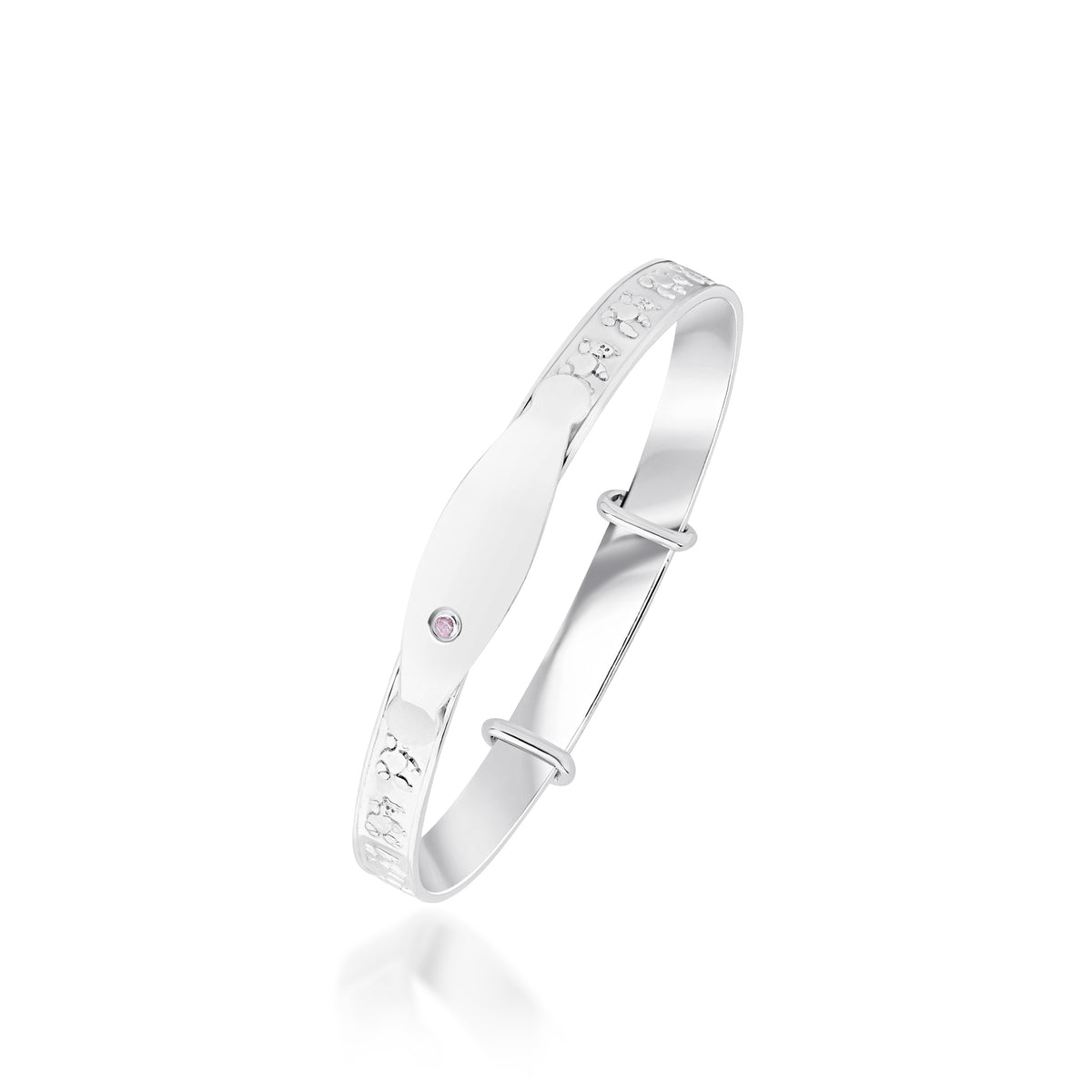 Silver Teddy Bear Pink CZ Baby Bangle