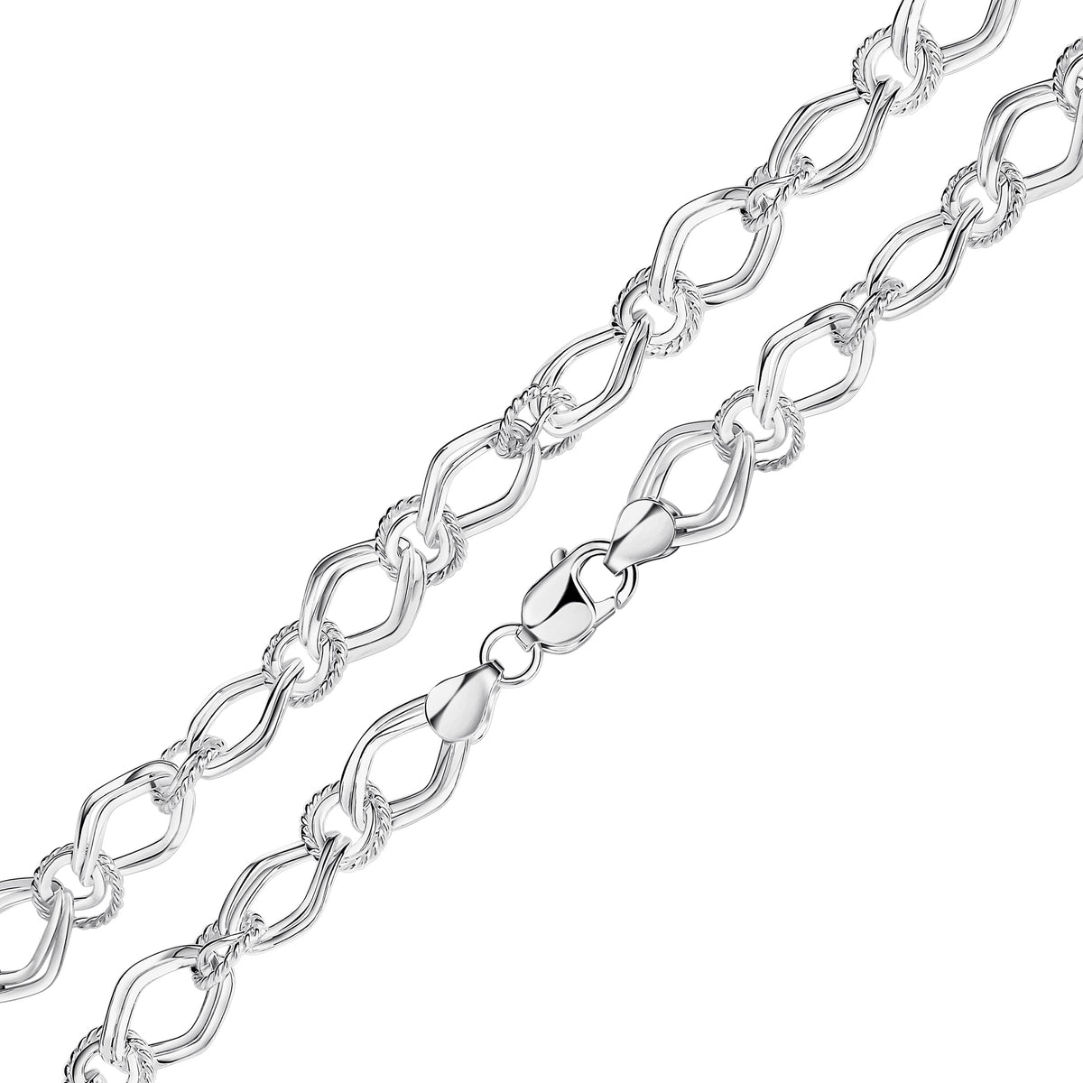 Silver Double Diamond and Textured Round Link 7.5"