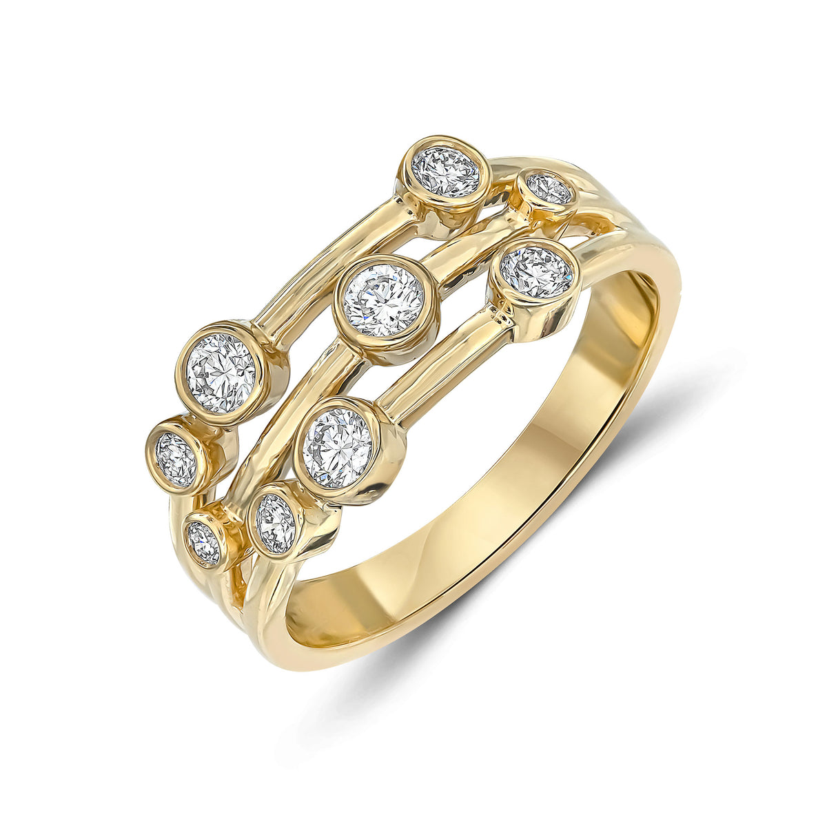 9CT YG ROUND DIAMOND 3 ROW BUBBLE RING.   0.50CT TOTAL
