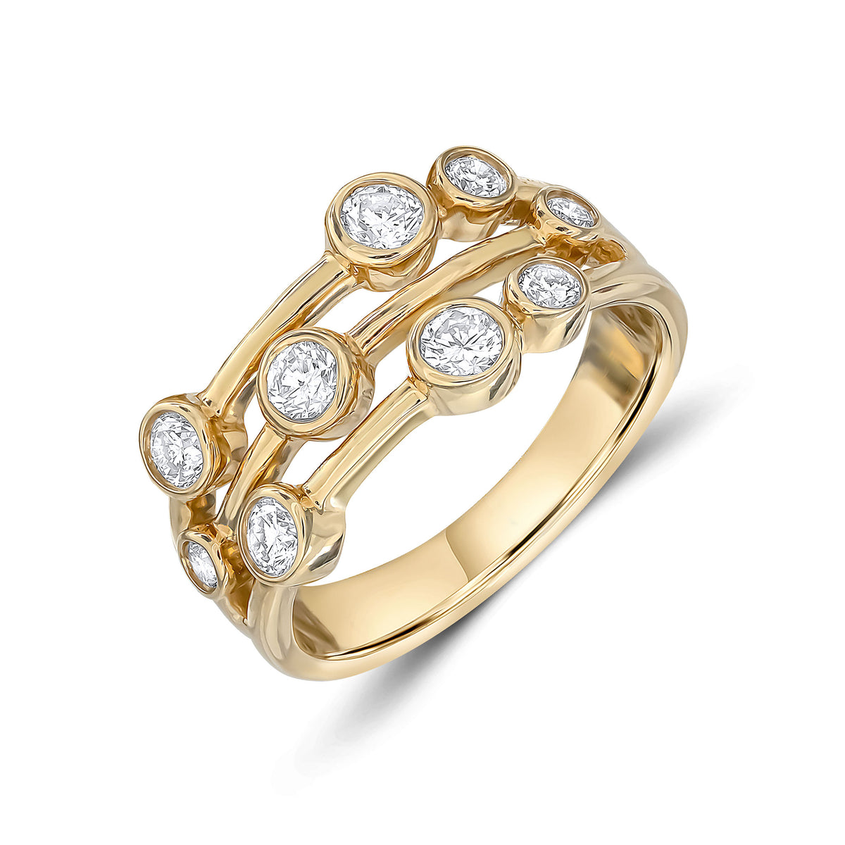 9CT YG DIAMOND 3 ROW BUBBLE RING. 0.75CT TOTAL
