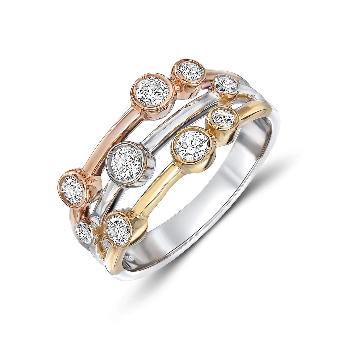 9CT YELLOW, WHITE AND ROSE GOLD 3 ROW DIAMOND BUBBLE RING.   0.50CT TOTAL. WG SHANK