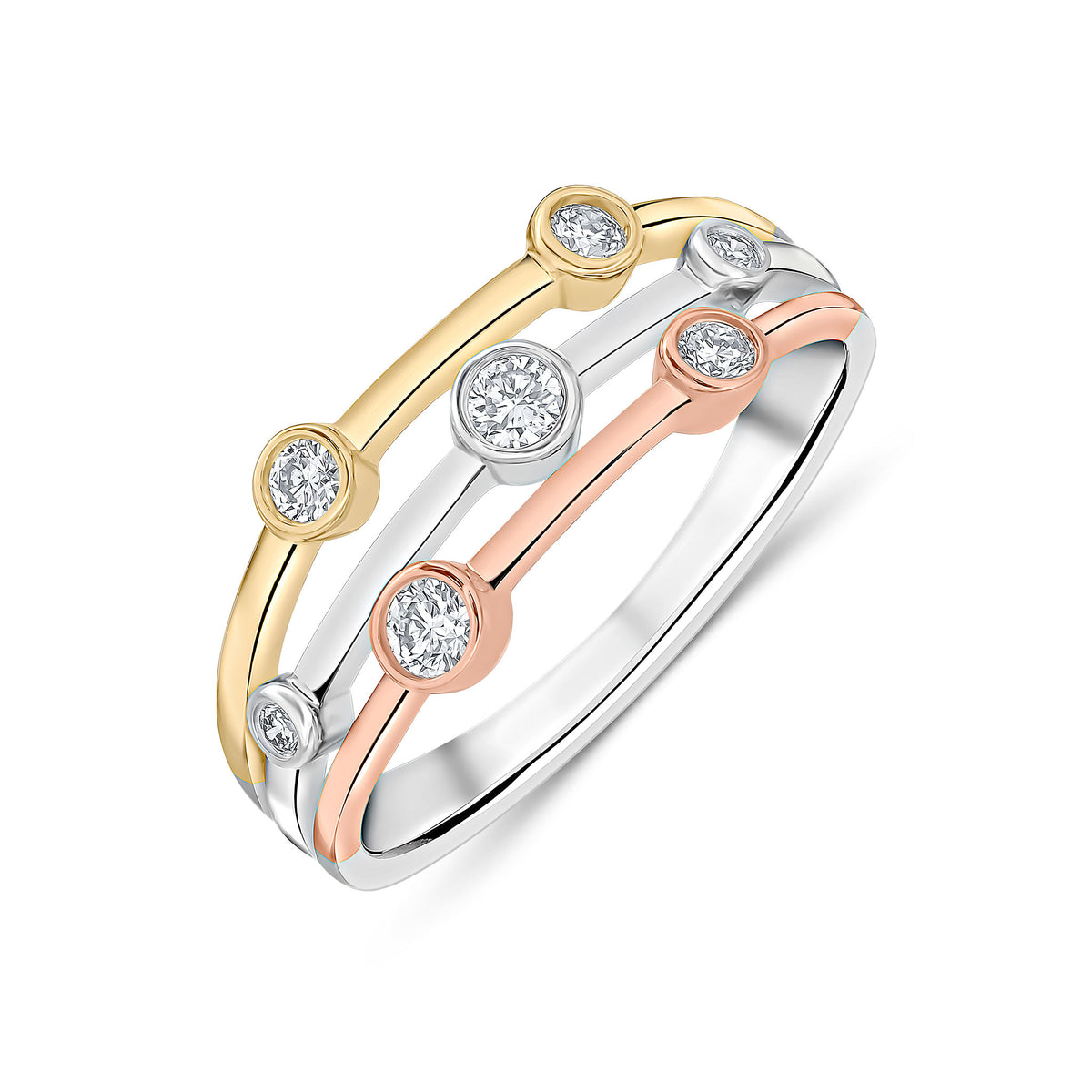 9CT YELLOW, WHITE AND ROSE GOLD DIAMOND 3 ROW BUBBLE RING.  0.25CT TOTAL
